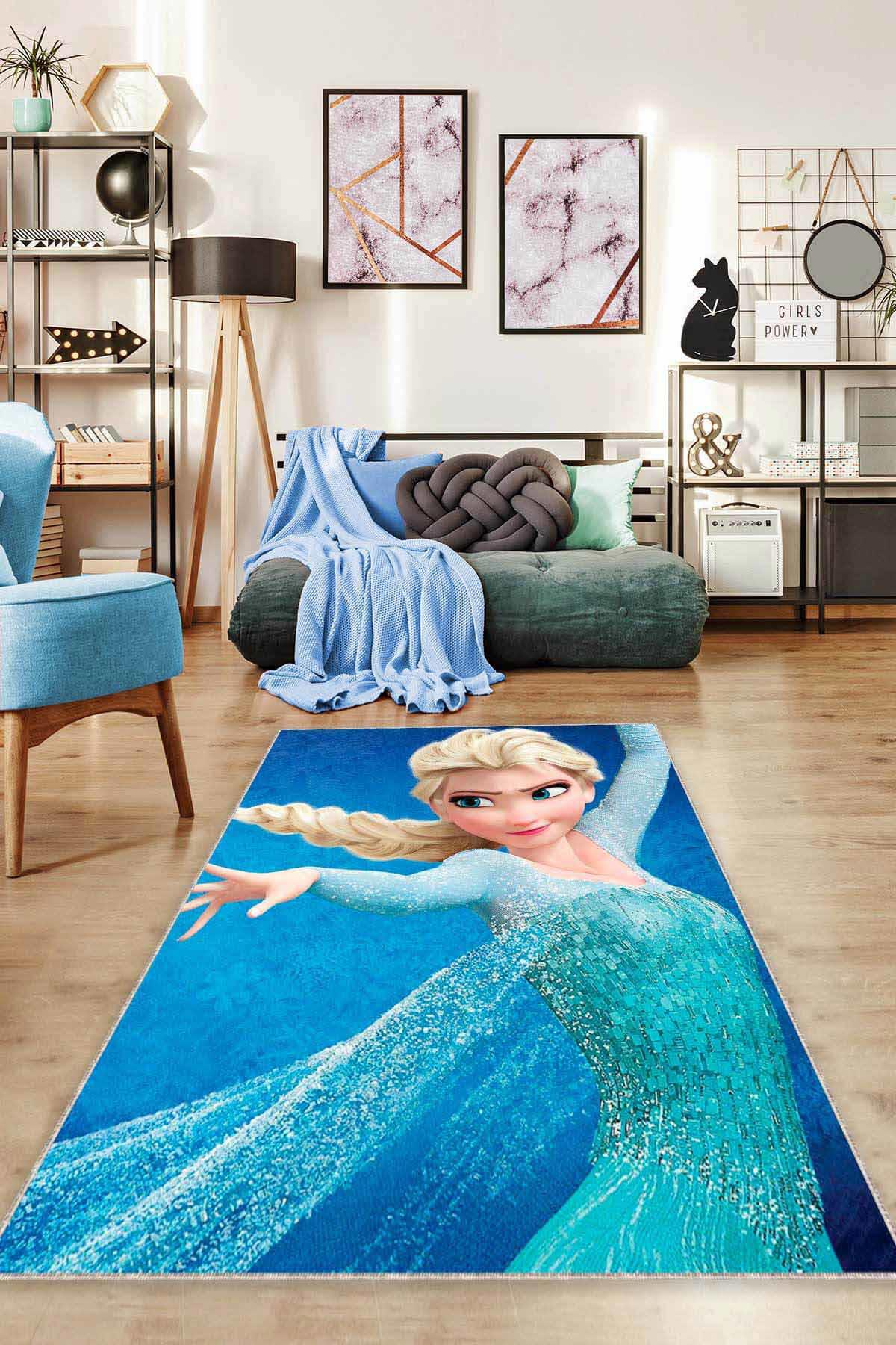 Viva Home CK034 Çok Renkli 7 mm Mikropolyester Koku Yapmaz-Leke Tutmaz-Toz Tutmaz Yıkanabilir İnce Kaymaz Dot Taban Frozen Dikdörtgen Makine Dokuma Çocuk Odası Halısı 120x200 cm