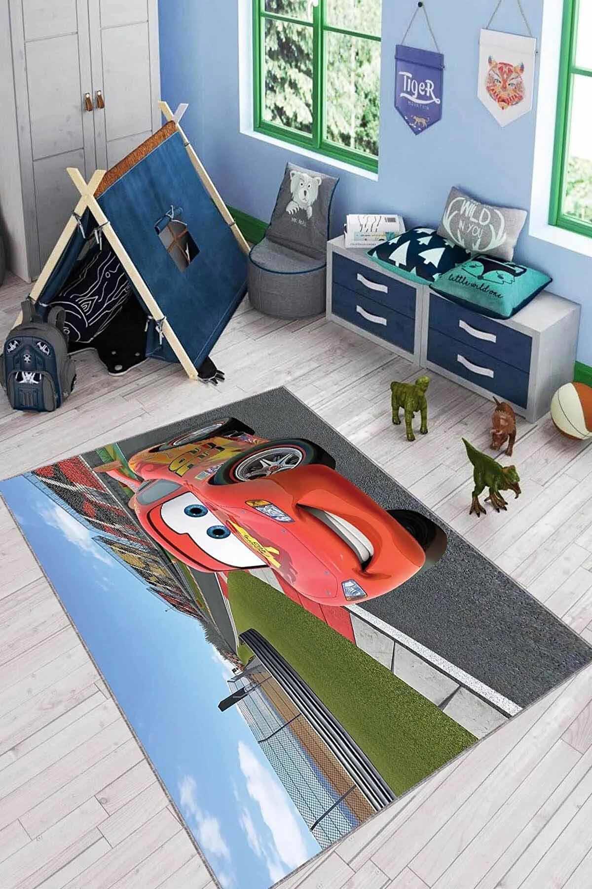 Viva Home KD049 Kırmızı 7 mm Mikropolyester Antibakteriyel Yıkanabilir İnce Kaymaz Taban Araba Desenli Dikdörtgen Makine Dokuma Çocuk Odası Halısı 160x230 cm