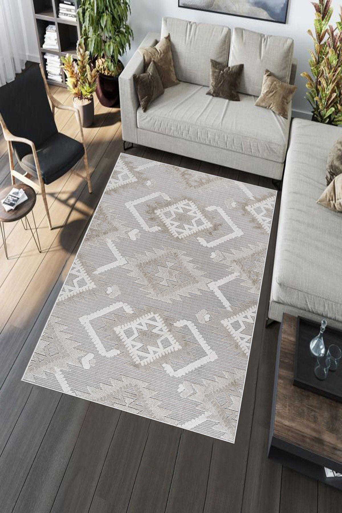 Aldora A288 Bej 9 mm Deri Yıkanabilir İnce Kaymaz Jüt Taban Dikdörtgen Makine Dokuma Salon Halısı 120x180 cm