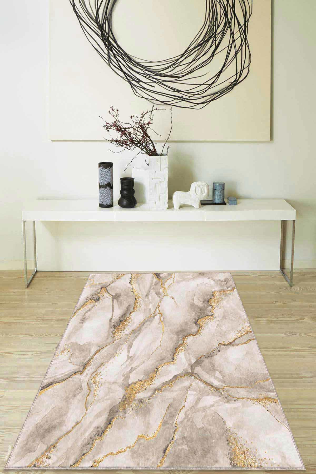 Viva Home RV120 Bej 7 mm Mikropolyester Leke Tutmaz Yıkanabilir İnce Kaymaz Dot Taban Dikdörtgen Makine Dokuma Salon Halısı 120x180 cm