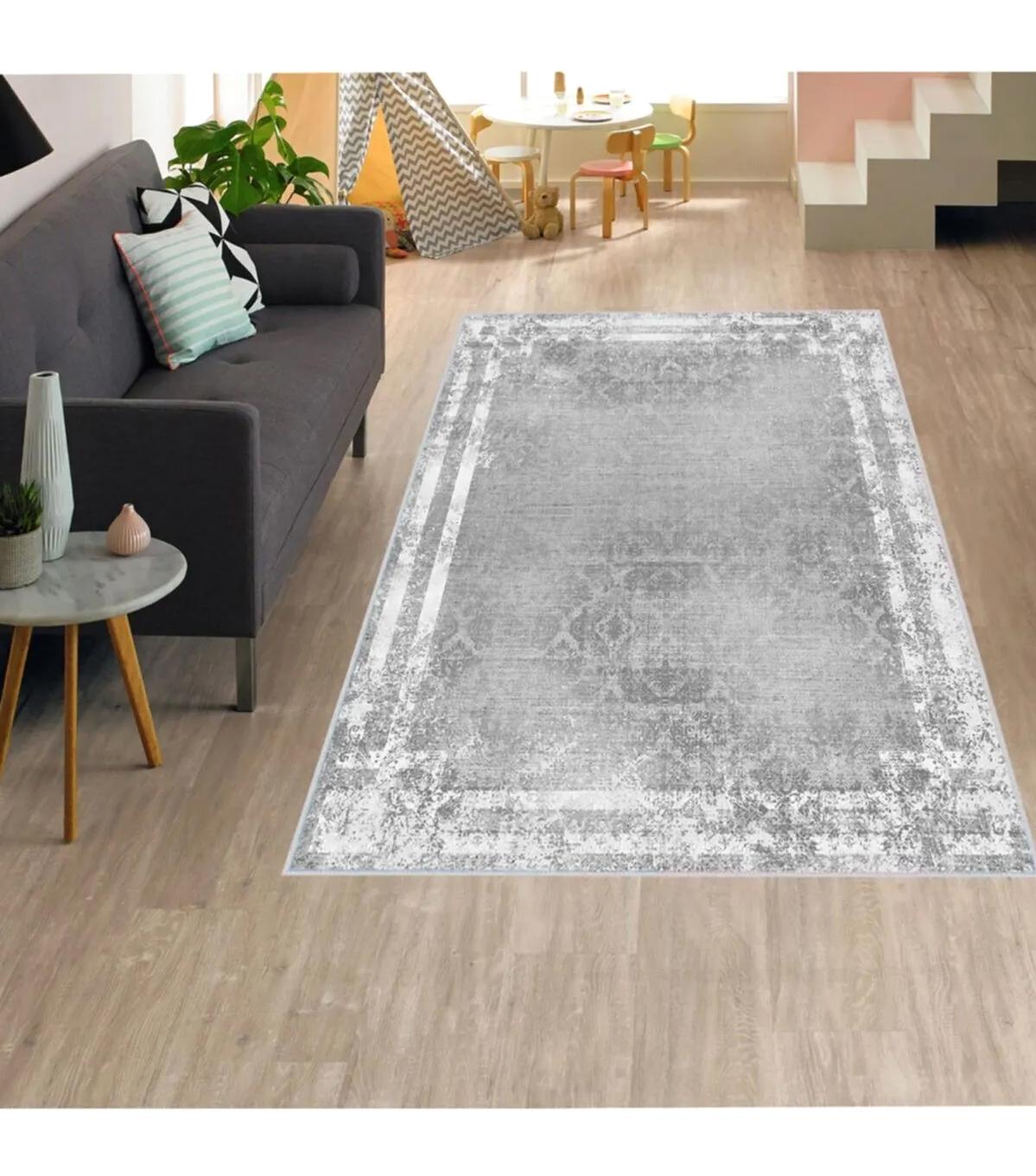 Rovigo Home RVG1298 Gri 8 mm Polyester Antibakteriyel-Leke Tutmaz-Toz Tutmaz Yıkanabilir İnce Kaymaz Dot Taban Dikdörtgen Makine Dokuma Salon Halısı 80x400 cm