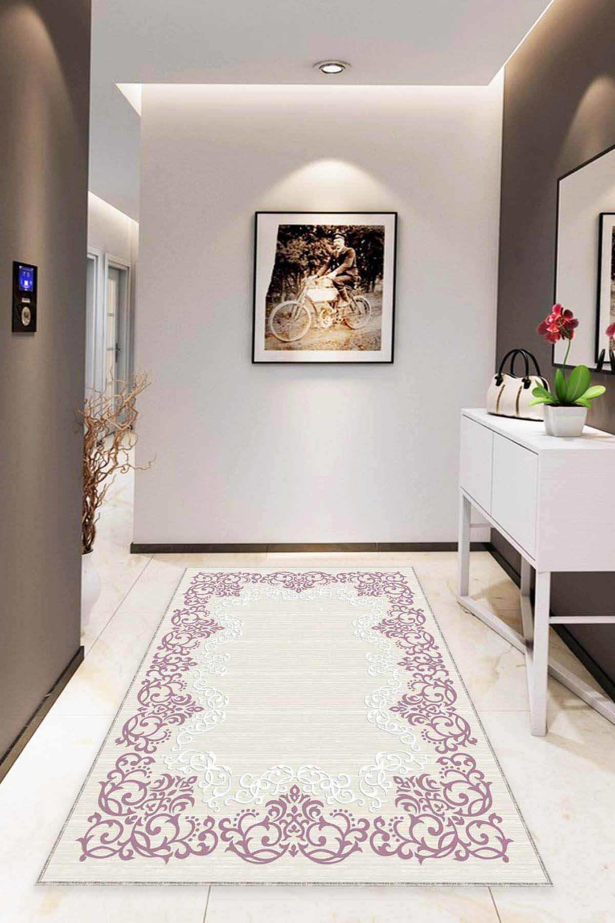 Viva Home MK60 Pembe 7 mm Mikropolyester Leke Tutmaz Yıkanabilir İnce Kaymaz Dot Taban Dikdörtgen Makine Dokuma Salon Halısı 80x500 cm