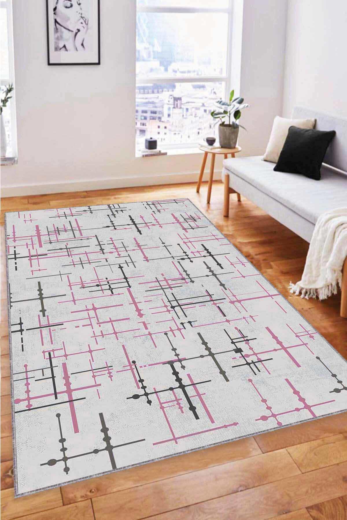 Viva Home MN09 Pembe 7 mm Mikropolyester Leke Tutmaz Yıkanabilir İnce Kaymaz Dot Taban Dikdörtgen Makine Dokuma Salon Halısı 180x180 cm