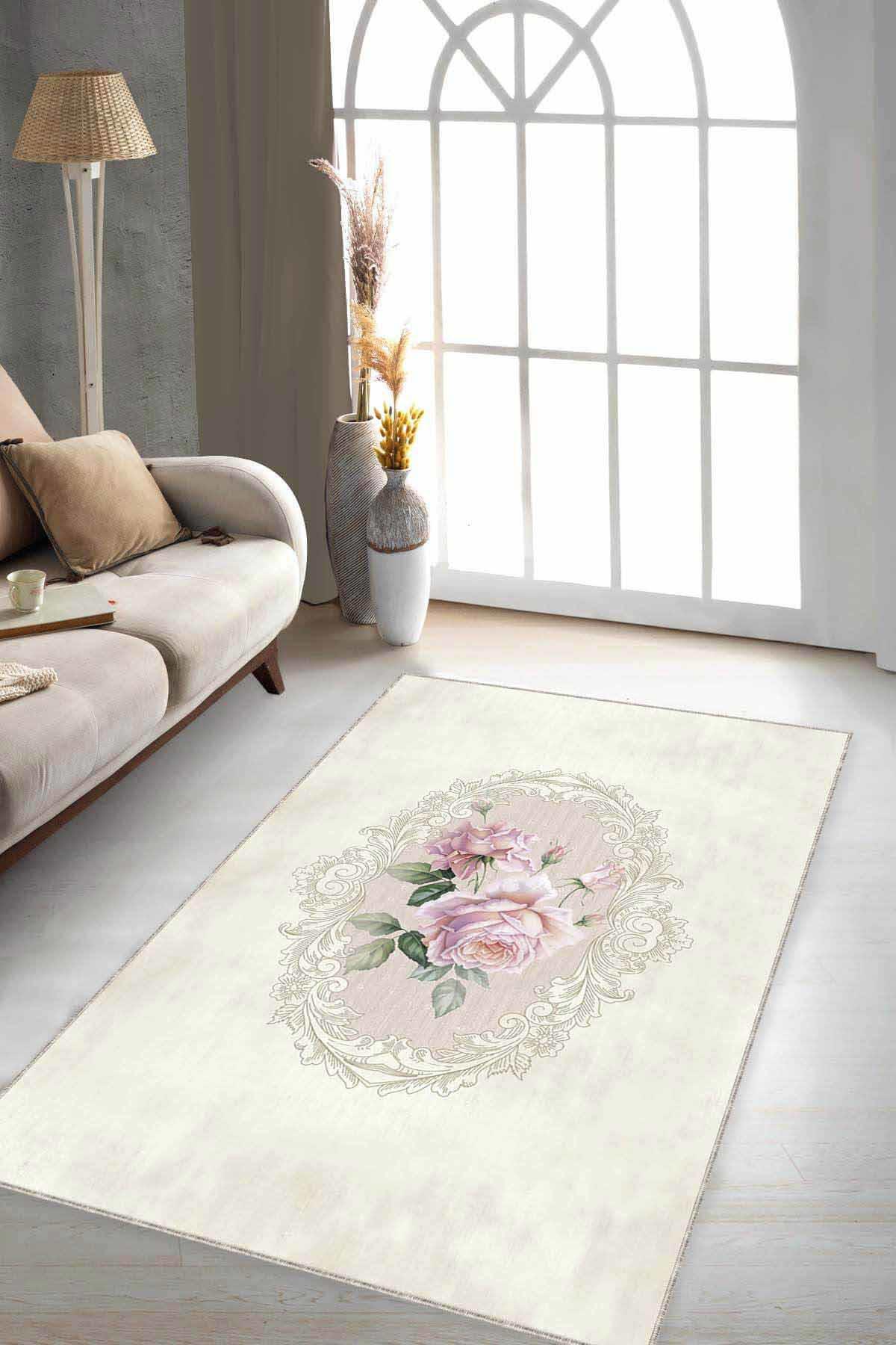 Viva Home MX01 Bej 7 mm Mikropolyester Yıkanabilir İnce Kaymaz Jüt Taban Dikdörtgen Makine Dokuma Salon Halısı 160x230 cm