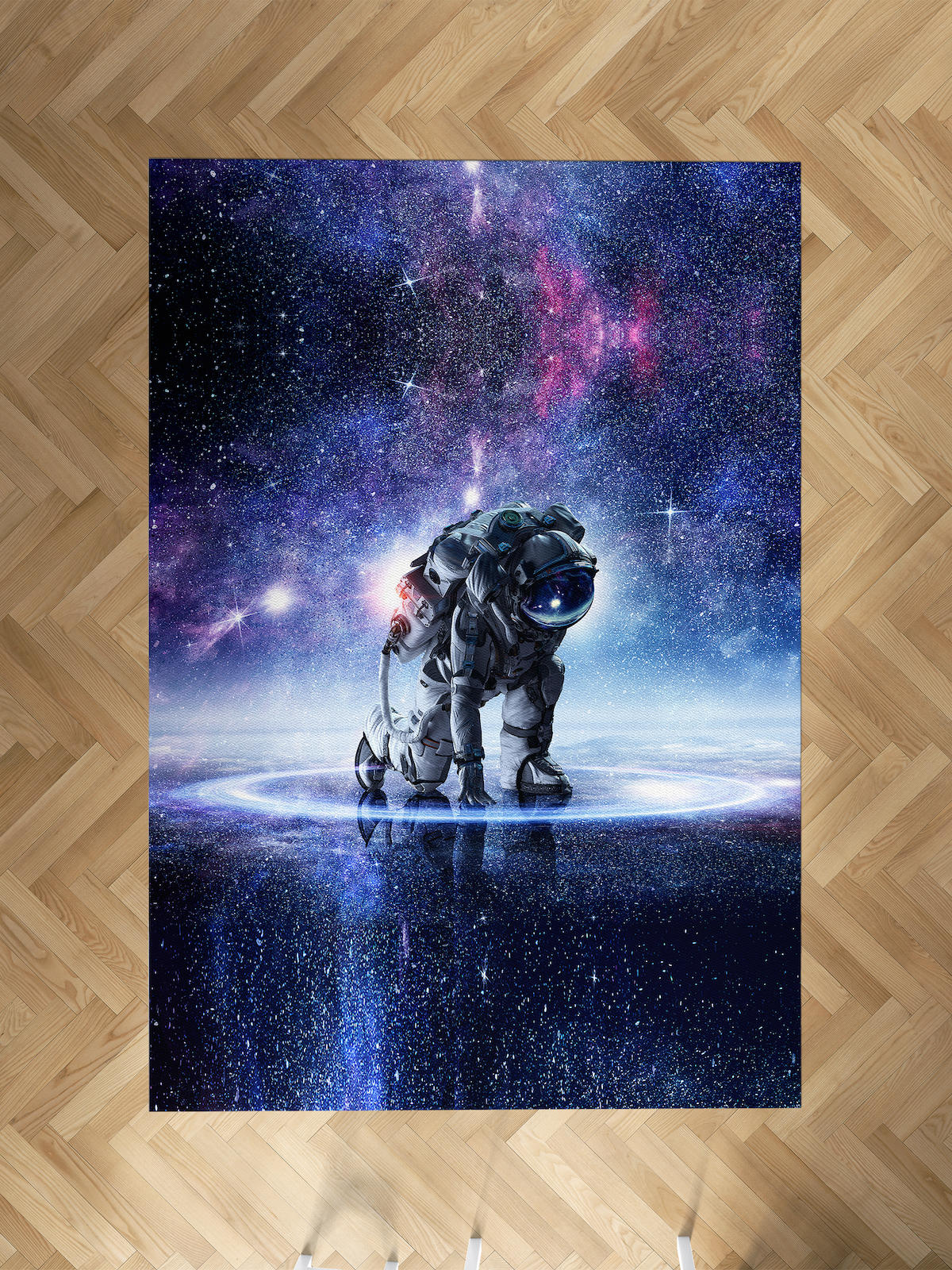 Mekta Home Astronot-Galaksi Krem 10 mm Antibakteriyel Yıkanabilir İnce Kaymaz Dot Taban Dikdörtgen Makine Dokuma Çocuk Odası Halısı 160x250 cm