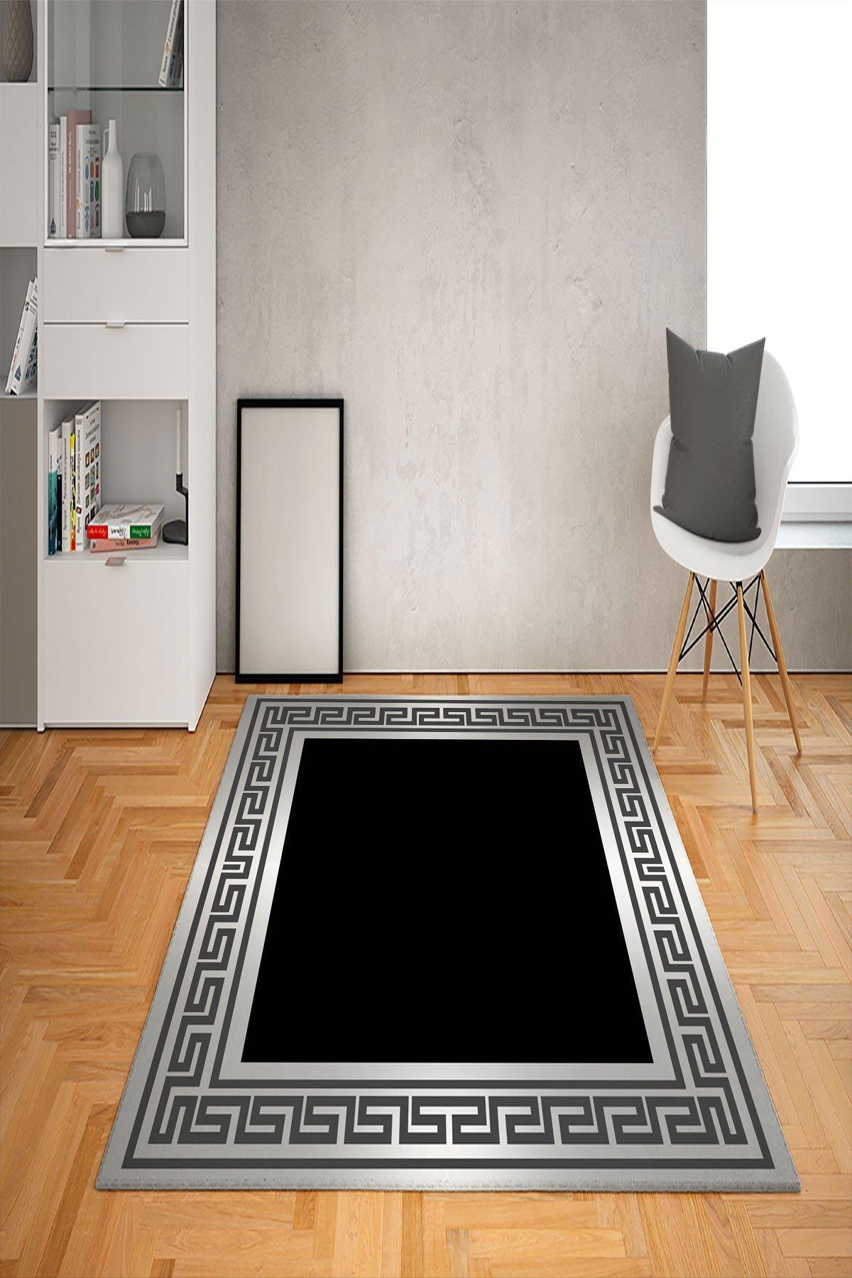 Doruklar Home Collection Gri-Siyah 0.7 mm Antibakteriyel Yıkanabilir Kalın Kaymaz Taban Geometrik Dikdörtgen Makine Dokuma Salon Halısı 100x200 cm