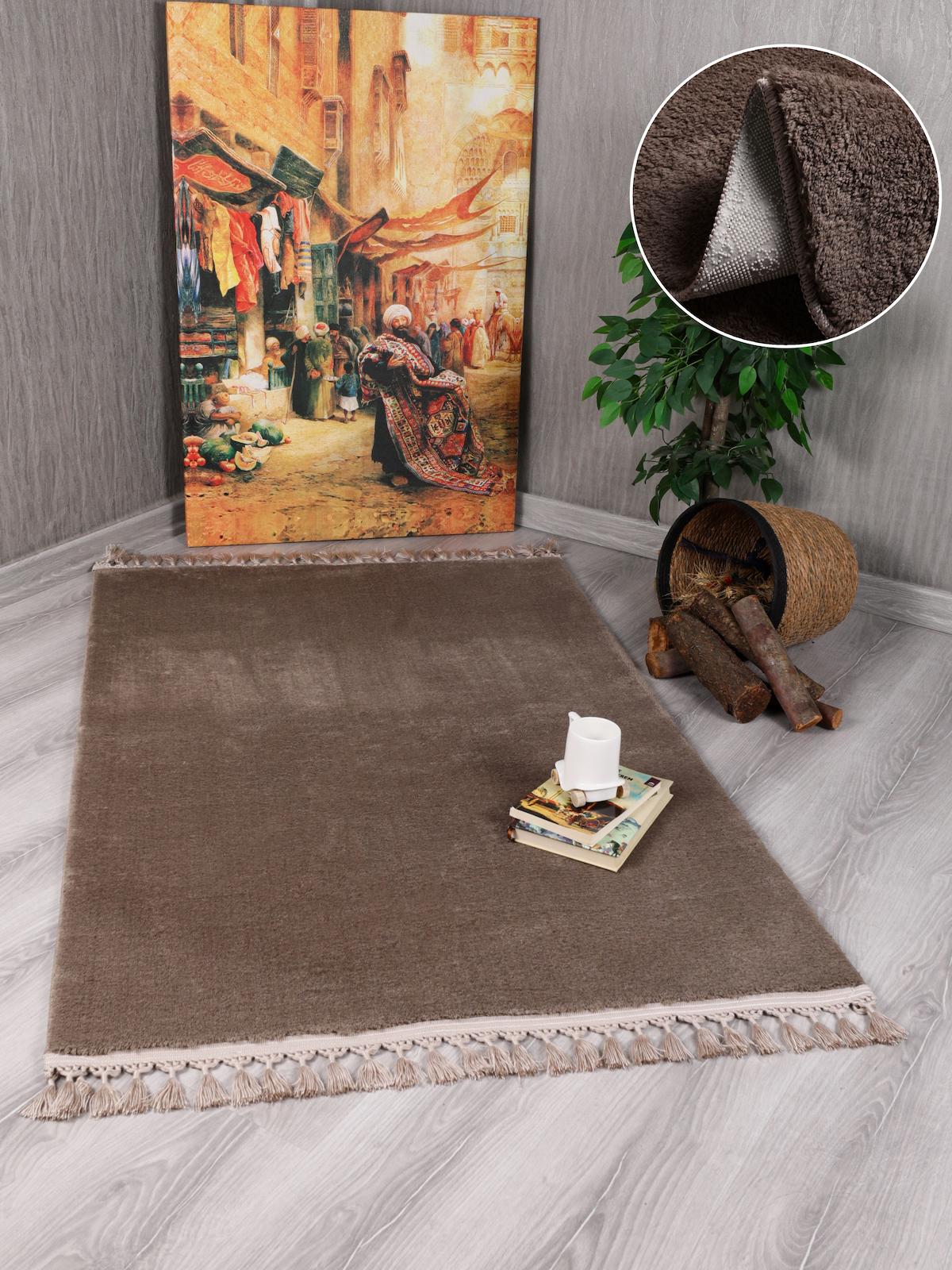 My Evilla Puffy Kahverengi 20 mm Pamuk Yıkanabilir Kalın Kaymaz Dikdörtgen Makine Dokuma Salon Halısı 80x500 cm