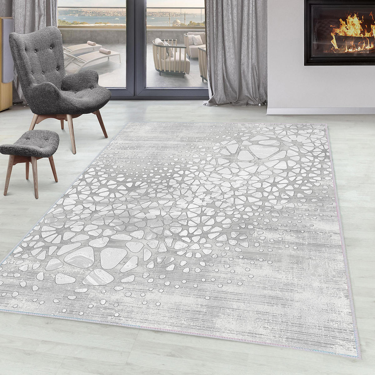 Rovigo Home RVG1601 Gri 8 mm Polyester Antibakteriyel-Leke Tutmaz-Toz Tutmaz Yıkanabilir İnce Kaymaz Dot Taban Dikdörtgen Makine Dokuma Salon Halısı 160x230 cm