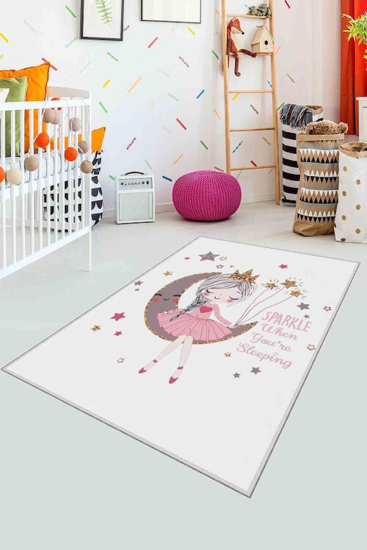Homefesto Krem 5 mm Polyester Leke Tutmaz Yıkanabilir İnce Kaymaz Taban Figürlü Dikdörtgen Makine Dokuma Çocuk Odası Halısı 180x250 cm