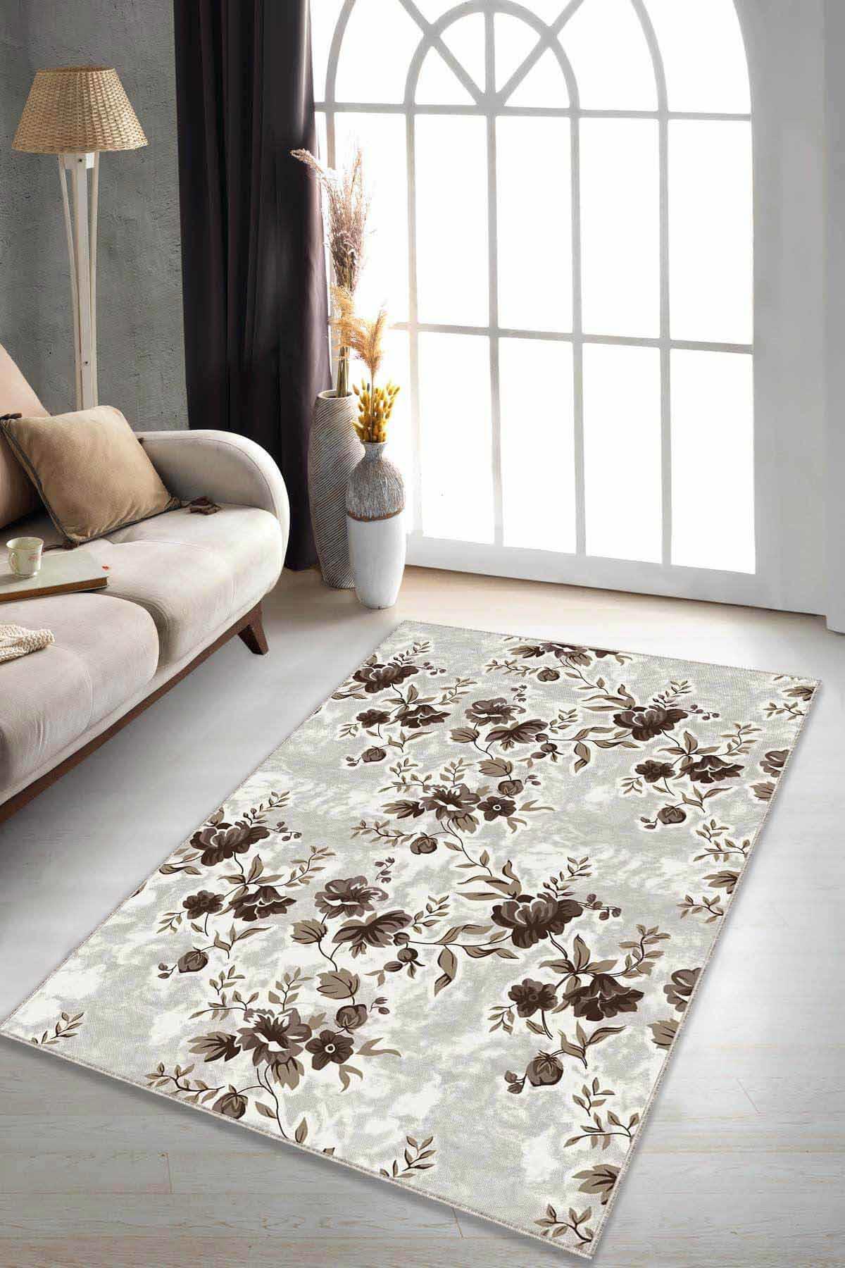 Viva Home BH004 Kahverengi 7 mm Mikropolyester Yıkanabilir Orta Kaymaz Taban Dikdörtgen Makine Dokuma Salon Halısı 75x150 cm