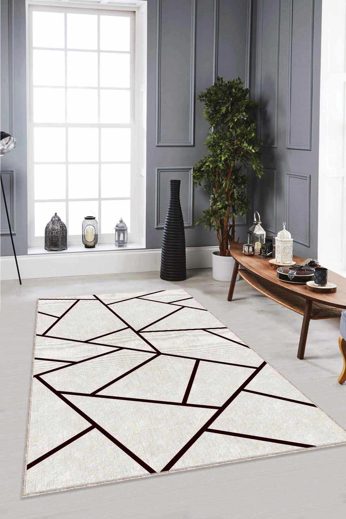 Viva Home RV164 Bej 7 mm Mikropolyester Yıkanabilir İnce Kaymaz Jüt Taban Dikdörtgen Makine Dokuma Salon Halısı 120x180 cm