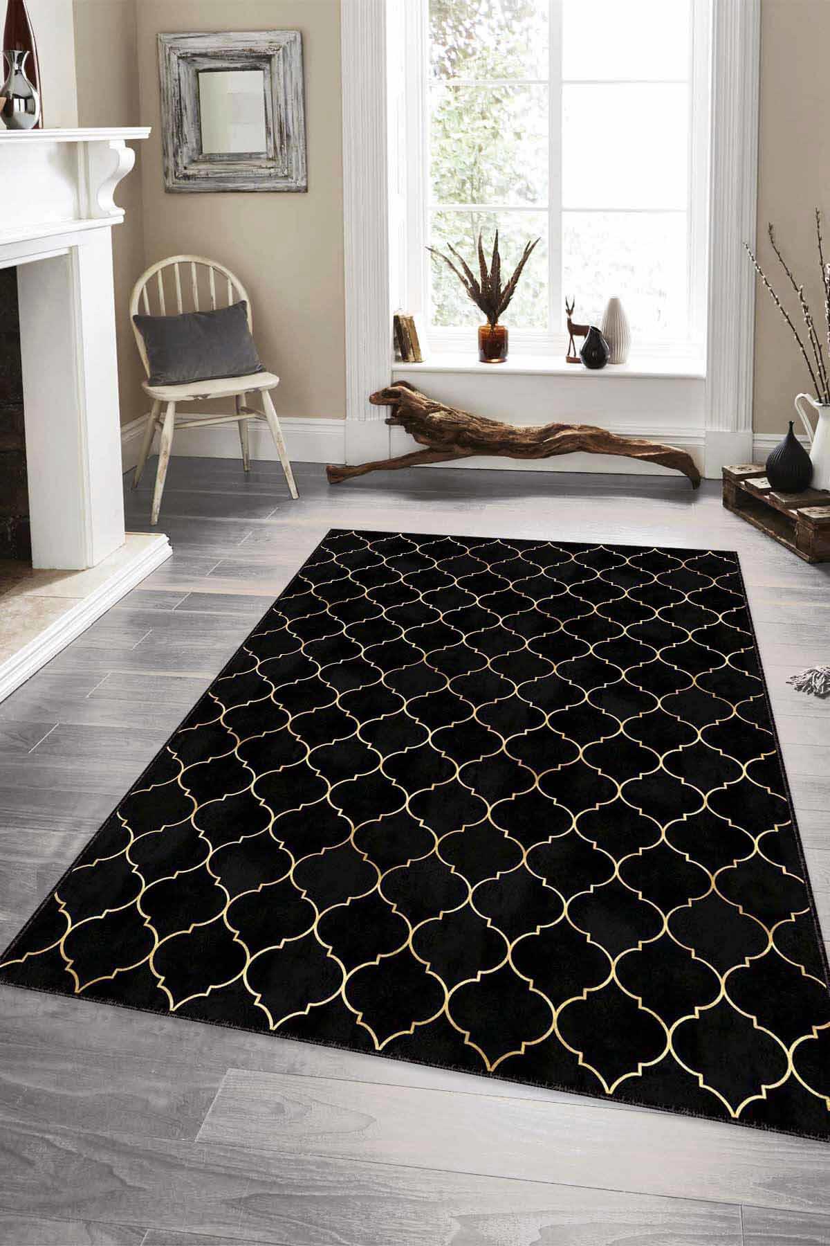 Viva Home RV157 Siyah 7 mm Mikropolyester Antibakteriyel Yıkanabilir Kalın Kaymaz Lateks Taban Dikdörtgen Makine Dokuma Salon Halısı 100x200 cm