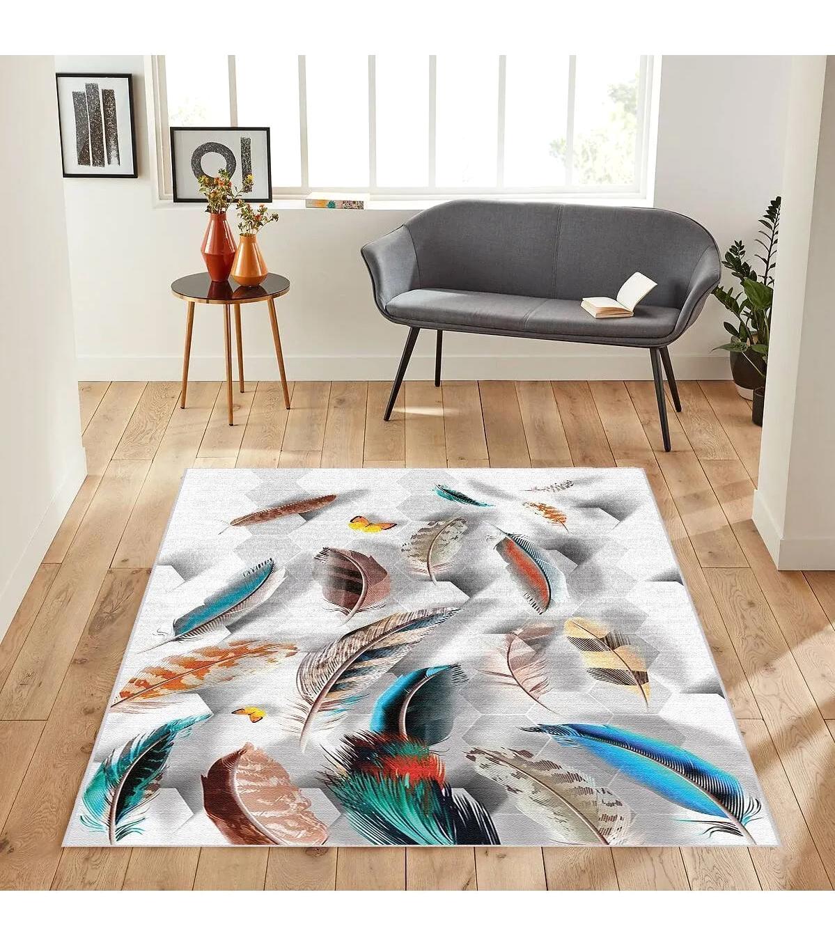 Rovigo Home RVG1877-SM214 Çok Renkli 8 mm Polyester Antibakteriyel-Leke Tutmaz-Toz Tutmaz Yıkanabilir İnce Kaymaz Dot Taban Dikdörtgen Makine Dokuma Salon Halısı 120x180 cm