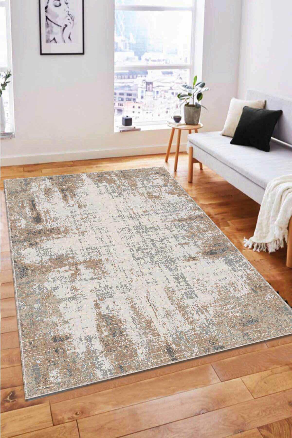 Viva Home AR116 Bej 7 mm Mikropolyester Leke Tutmaz Yıkanabilir İnce Kaymaz Dot Taban Dikdörtgen Makine Dokuma Salon Halısı 80x200 cm