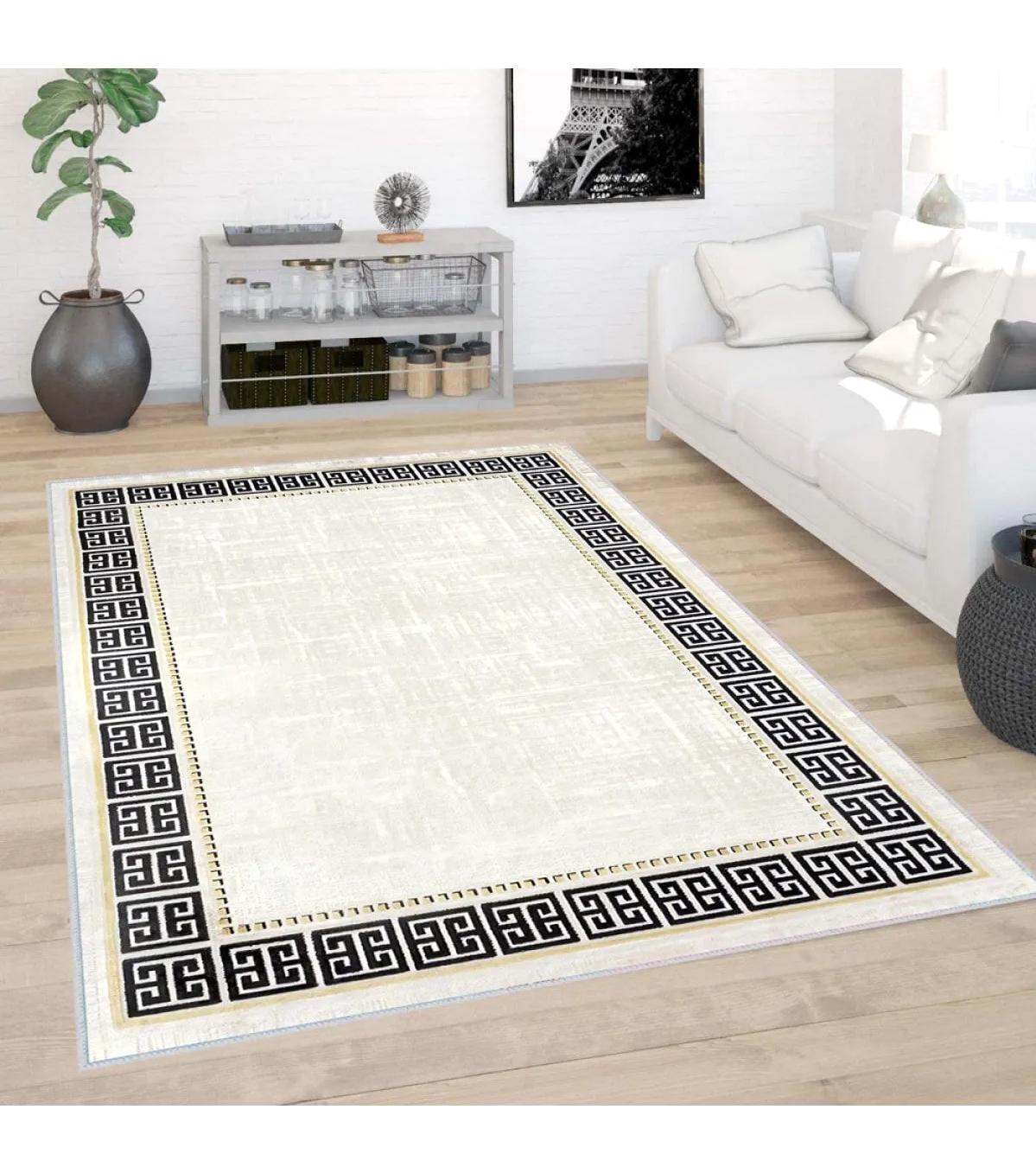 Rovigo Home RVG0423 Krem-Siyah 8 mm Polyester Antibakteriyel-Leke Tutmaz-Toz Tutmaz Yıkanabilir İnce Kaymaz Dot Taban Dikdörtgen Makine Dokuma Salon Halısı 140x200 cm