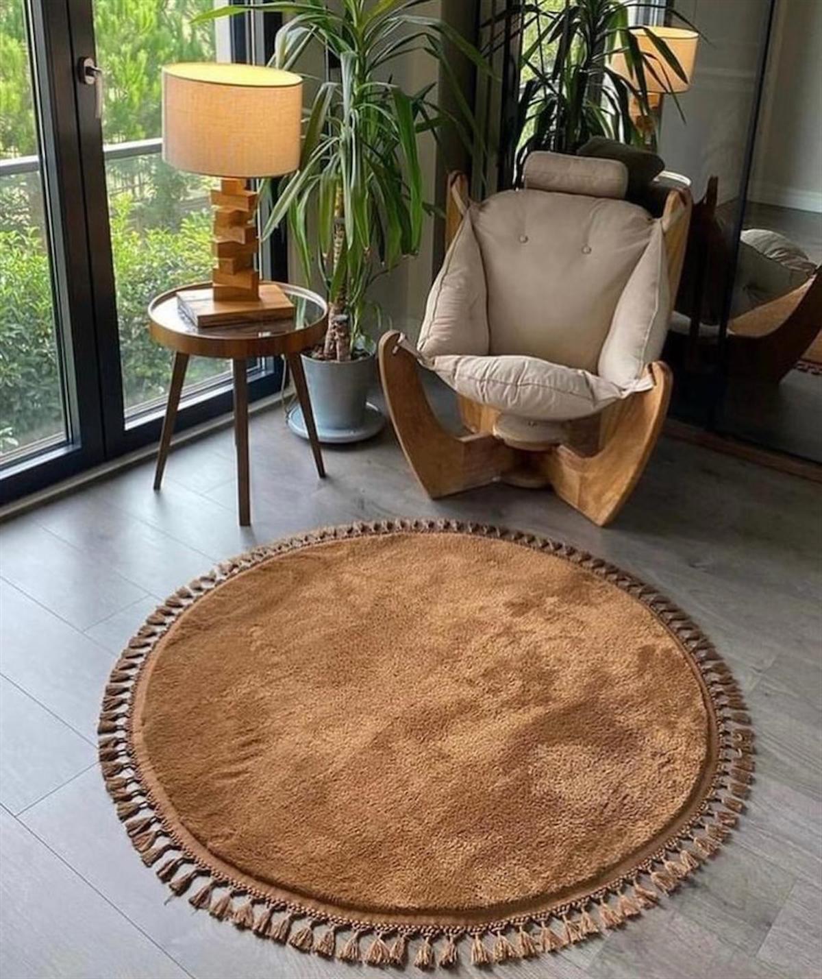 Crea Halı Puff 3153 Kahverengi 20 mm Pamuk-Polyester Yıkanabilir Kalın Kaymaz Dikdörtgen Makine Dokuma Salon Halısı 160x230 cm