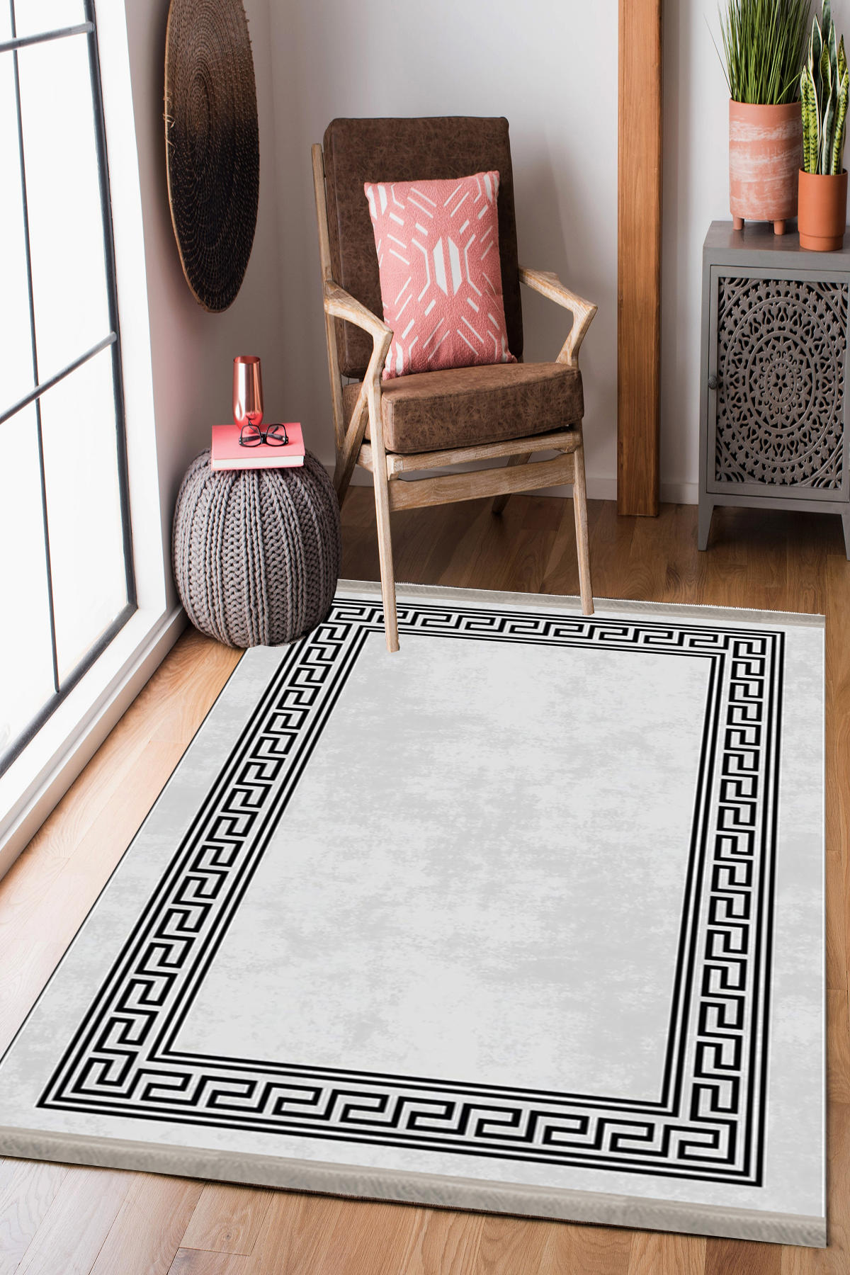 Homier Collection H-KS-3098A Gri-Siyah 7 mm Pamuk Antibakteriyel Yıkanabilir Orta Kaymaz Dot Taban Dikdörtgen Makine Dokuma Salon Halısı 100x200 cm