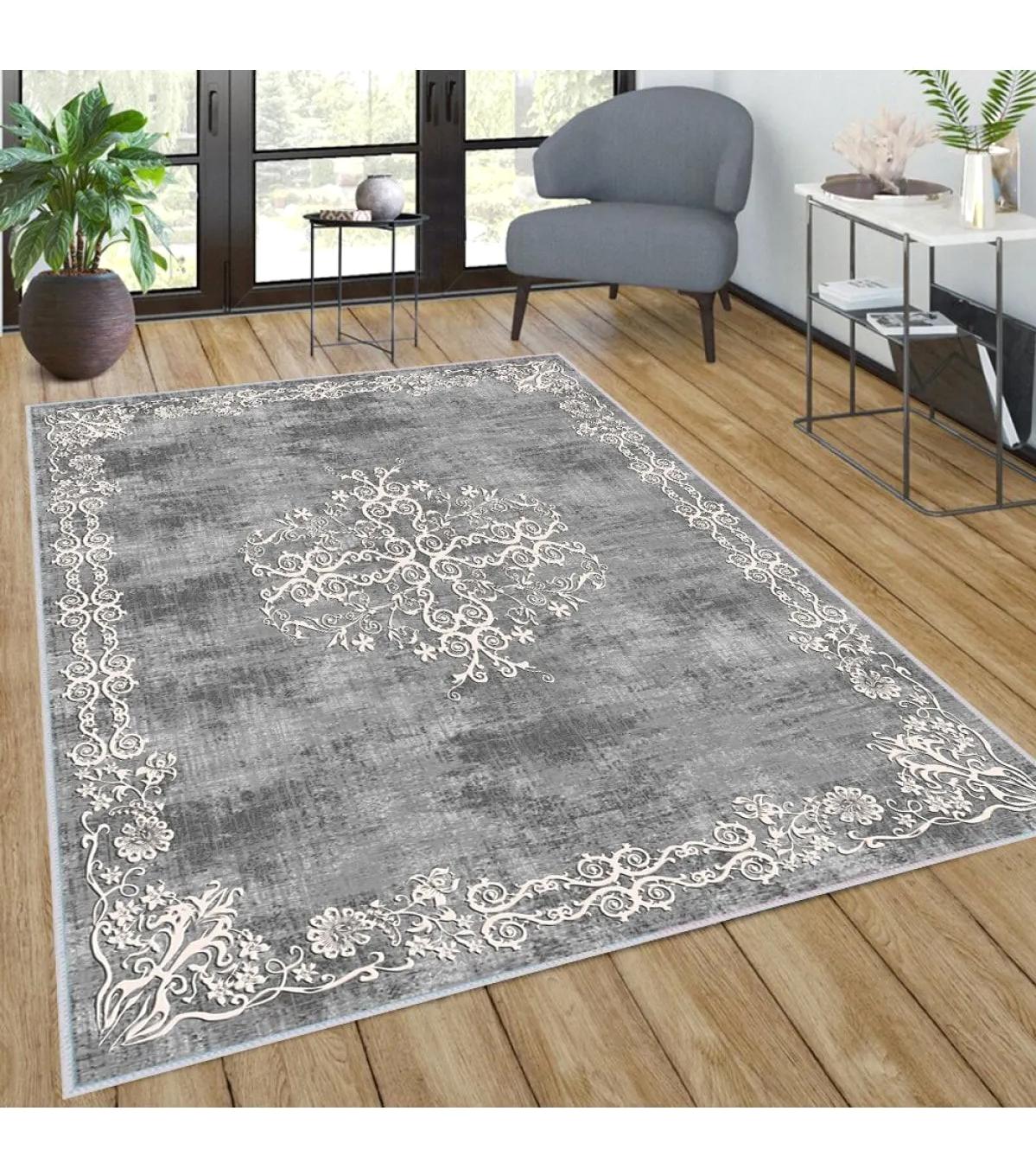 Rovigo Home RVG0260 Gri 8 mm Polyester Antibakteriyel-Leke Tutmaz-Toz Tutmaz Yıkanabilir İnce Kaymaz Dot Taban Dikdörtgen Makine Dokuma Salon Halısı 180x260 cm