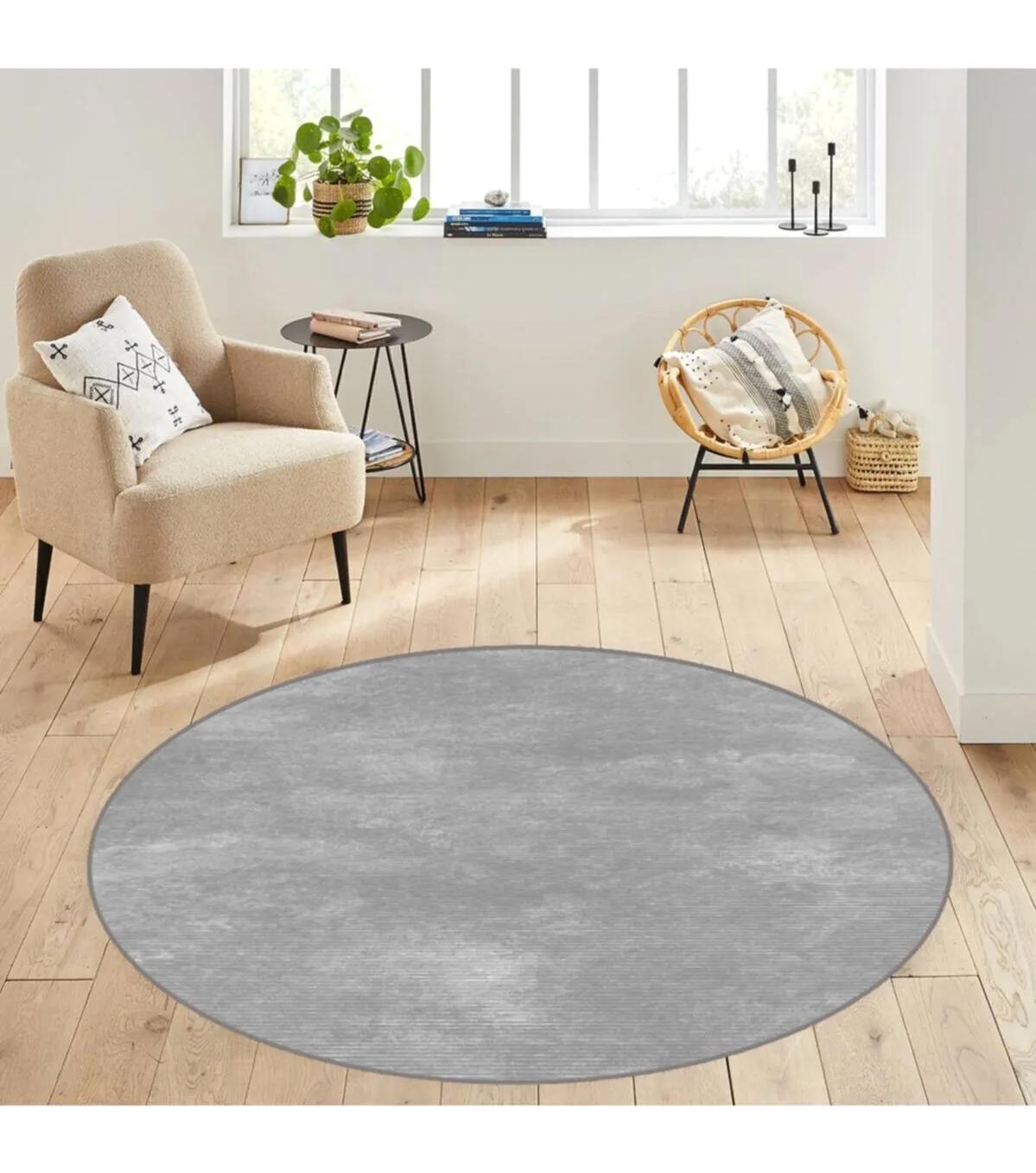 Rovigo Home RVG7096 Gri 8 mm Polyester Antibakteriyel-Leke Tutmaz-Toz Tutmaz Yıkanabilir İnce Kaymaz Dot Taban Yuvarlak Makine Dokuma Salon Halısı 100x150 cm