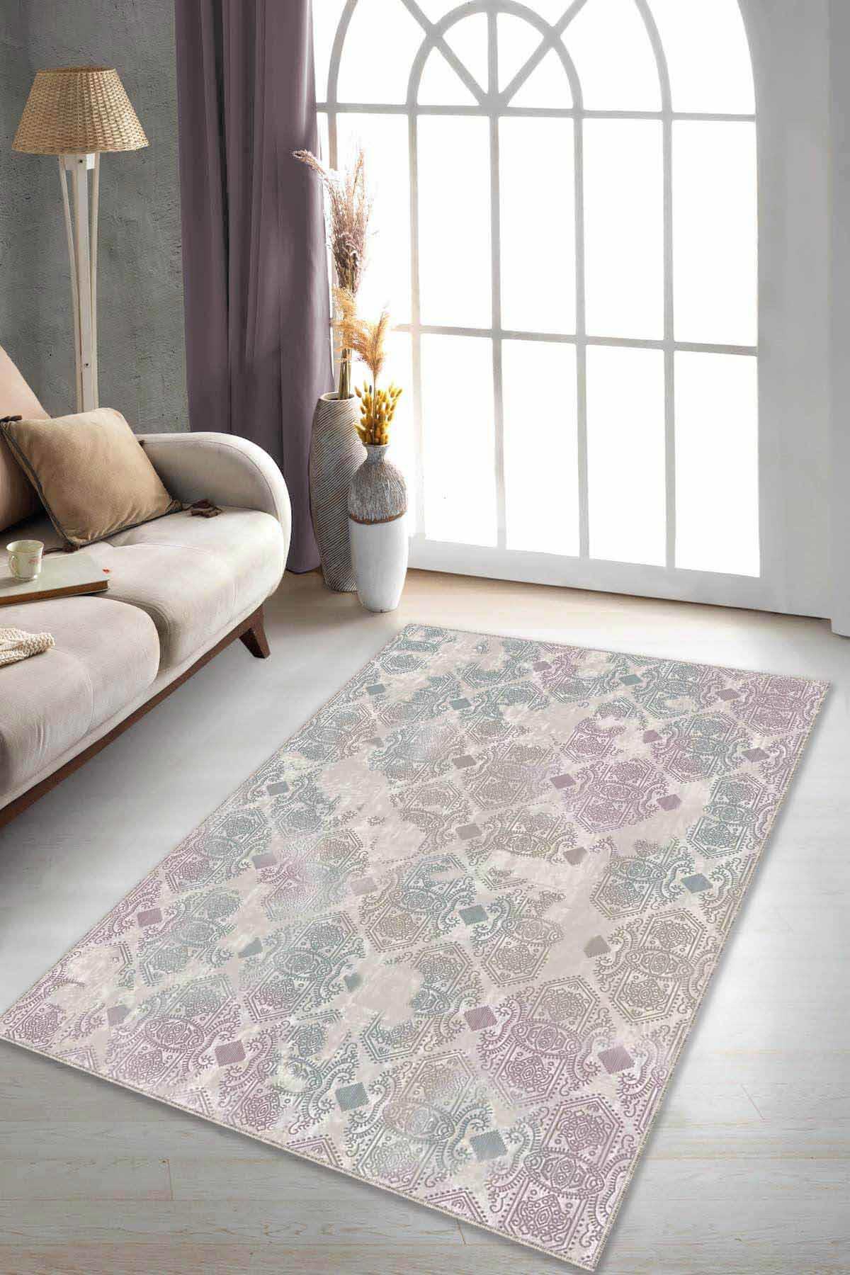 Viva Home AL009 Pembe-Turkuaz 7 mm Mikropolyester Leke Tutmaz Yıkanabilir İnce Kaymaz Dot Taban Dikdörtgen Makine Dokuma Salon Halısı 160x230 cm