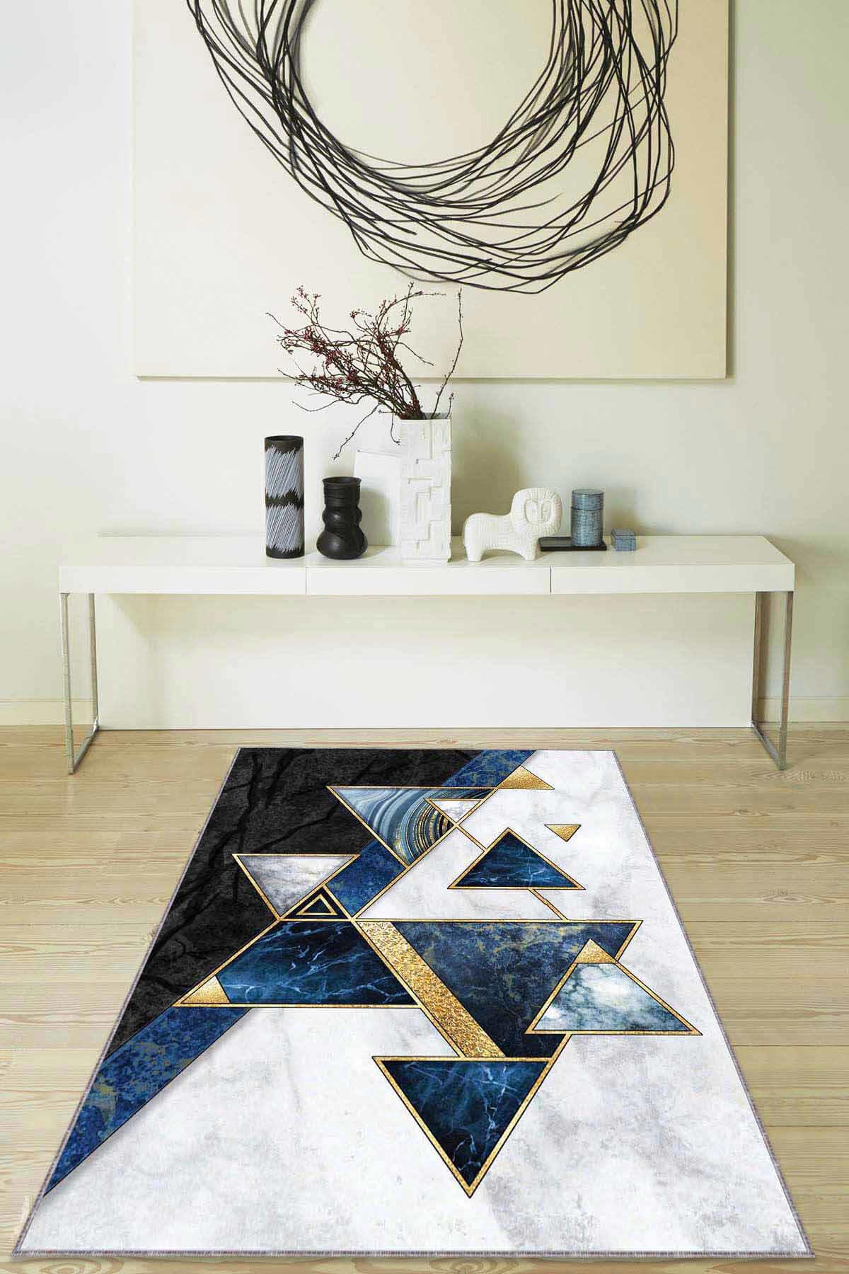 Viva Home RV123 Mavi 7 mm Mikropolyester Antialerjenik Yıkanabilir İnce Kaymaz Dot Taban Dikdörtgen Makine Dokuma Salon Halısı 80x500 cm