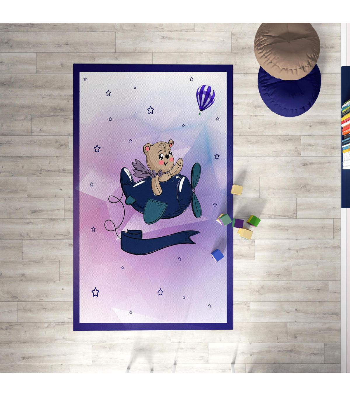 Chiron Baby Ceritti CRTT073 Lila 5 mm Pamuk-Polyester Antialerjenik Yıkanabilir İnce Kaymaz Taban Figürlü Dikdörtgen Makine Dokuma Çocuk Odası Halısı 180x180 cm