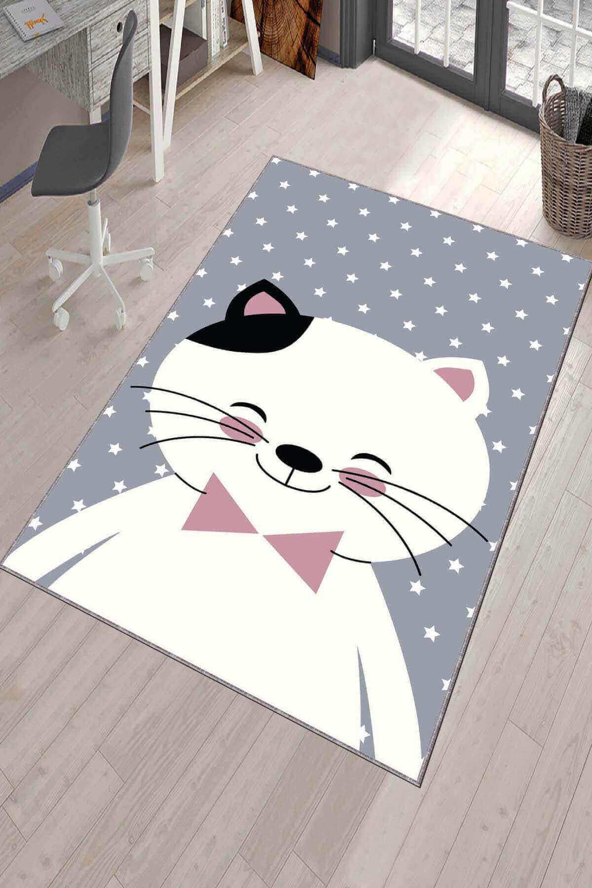 Viva Home KD017 Gri 7 mm Mikropolyester Toz Tutmaz Yıkanabilir İnce Kaymaz Dot Taban Dikdörtgen Makine Dokuma Çocuk Odası Halısı 80x200 cm