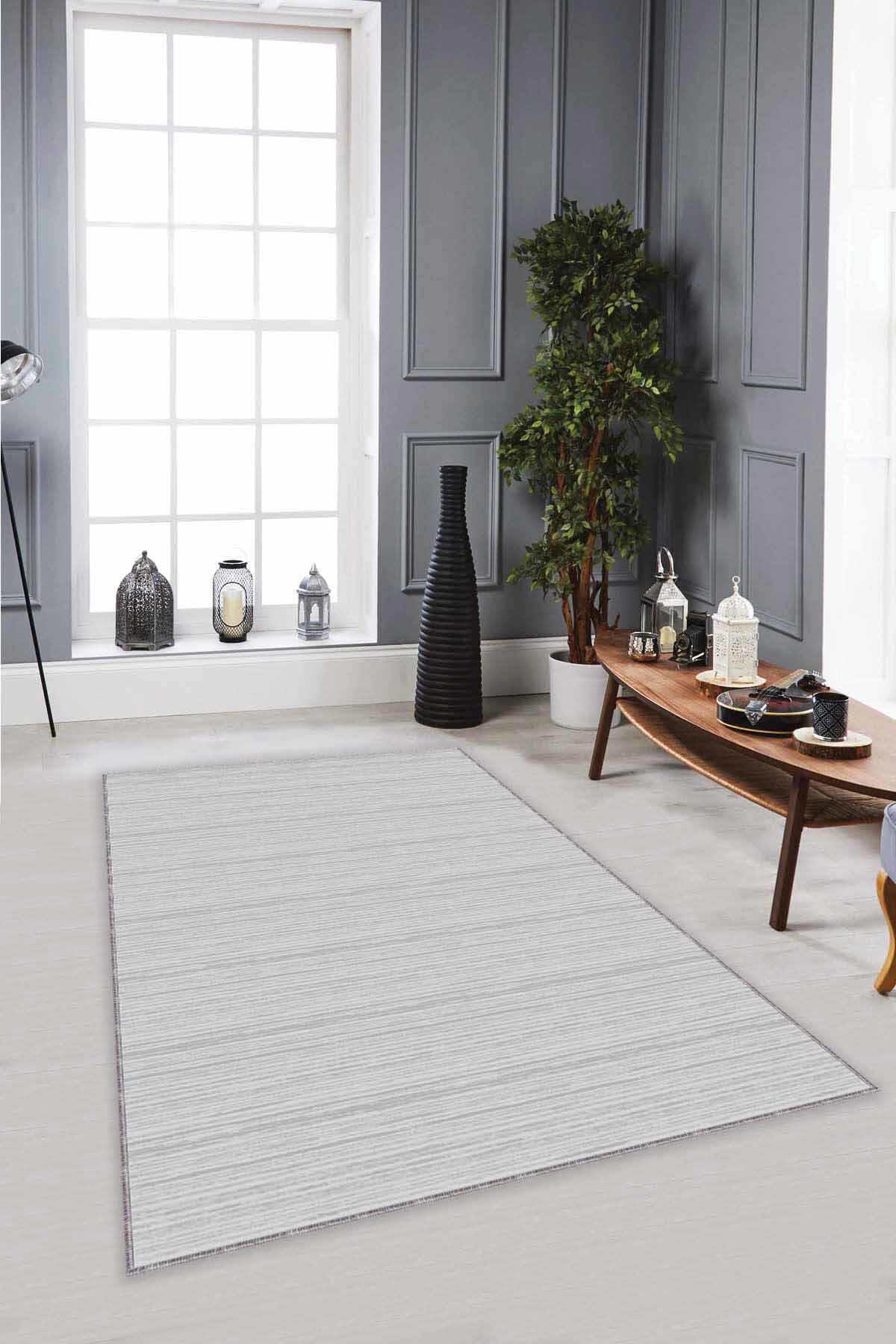 Viva Home ST03 Gri 7 mm Mikropolyester Toz Tutmaz Yıkanabilir İnce Kaymaz Dot Taban Dikdörtgen Makine Dokuma Salon Halısı 160x220 cm