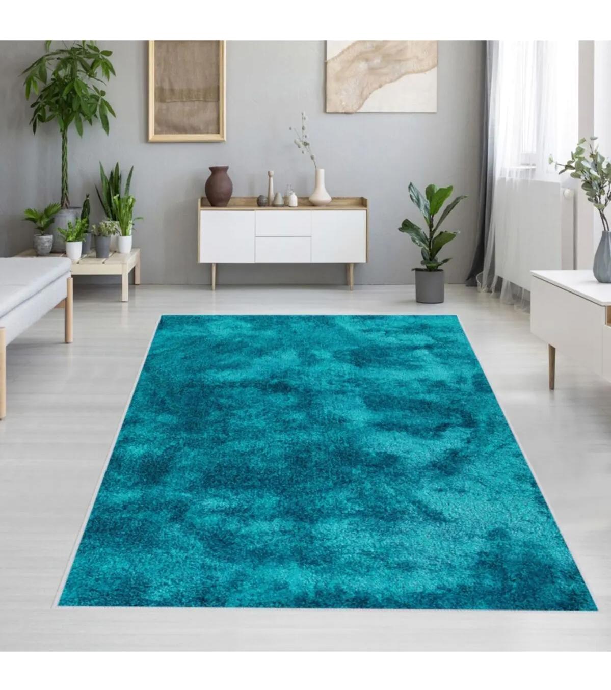 Rovigo Home RVG1190 Turkuaz 8 mm Polyester Antibakteriyel-Leke Tutmaz-Toz Tutmaz Yıkanabilir İnce Kaymaz Dot Taban Dikdörtgen Makine Dokuma Salon Halısı 120x200 cm