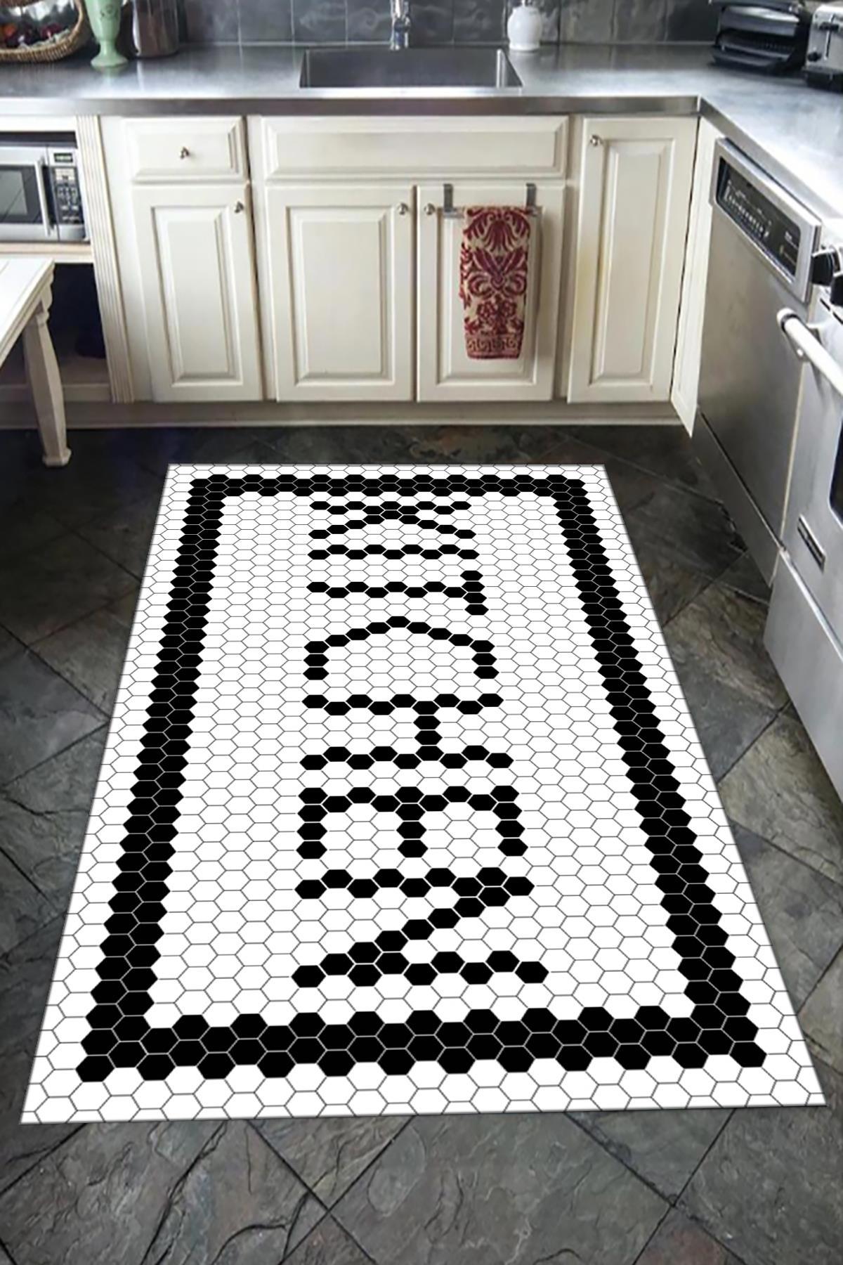 Doruklar Home Collection Beyaz - Siyah 0.7 mm Polyester Yıkanabilir Kaymaz Taban Dikdörtgen Makine Dokuma Halı 160x230 cm