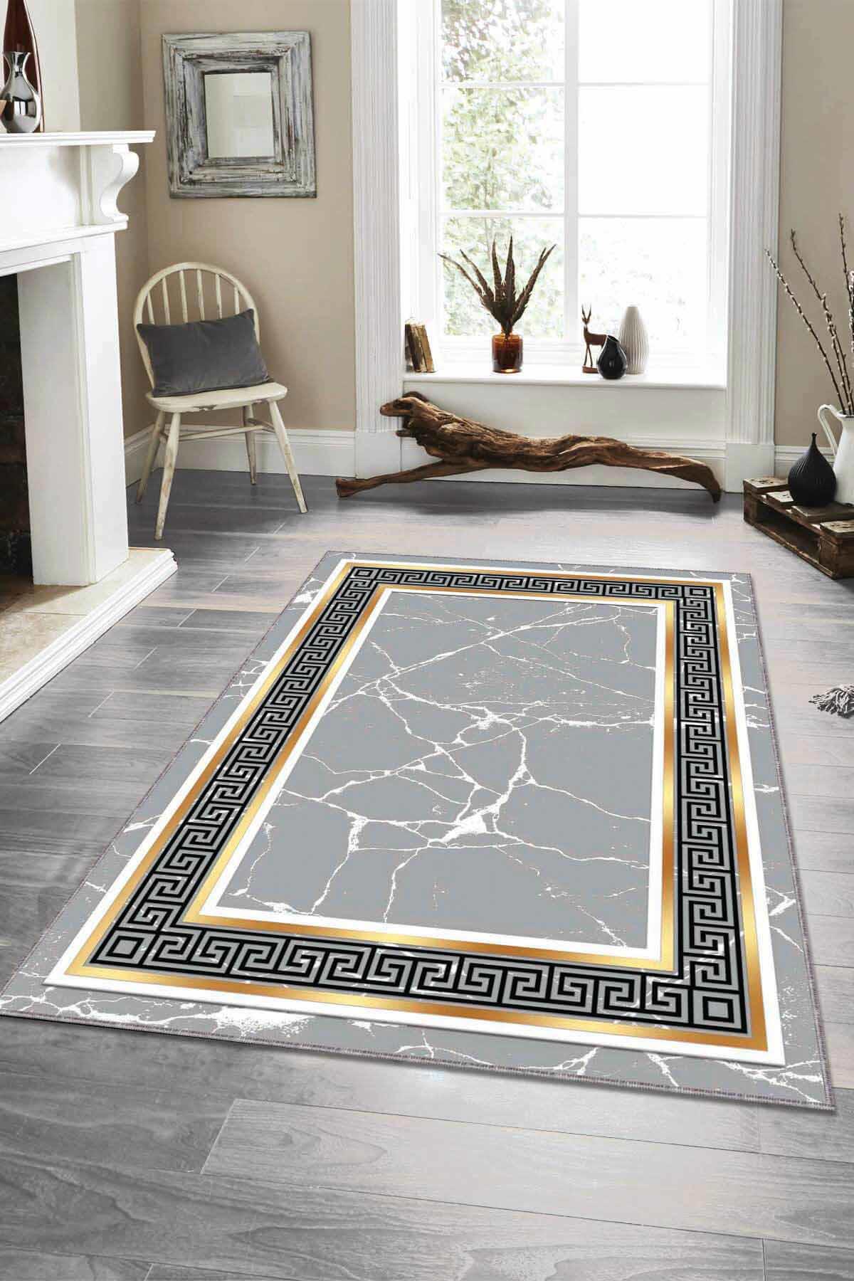 Viva Home AR106 Altın-Gri 7 mm Mikropolyester Toz Tutmaz Yıkanabilir İnce Kaymaz Dot Taban Dikdörtgen Makine Dokuma Salon Halısı 80x150 cm