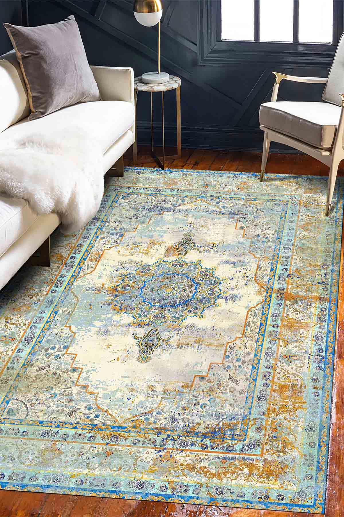 Latte Dizayn Bert Krem 0.5 mm Pamuk Yıkanabilir İnce Kaymaz Pamuk Taban Dikdörtgen Makine Dokuma Salon Halısı 120x180 cm