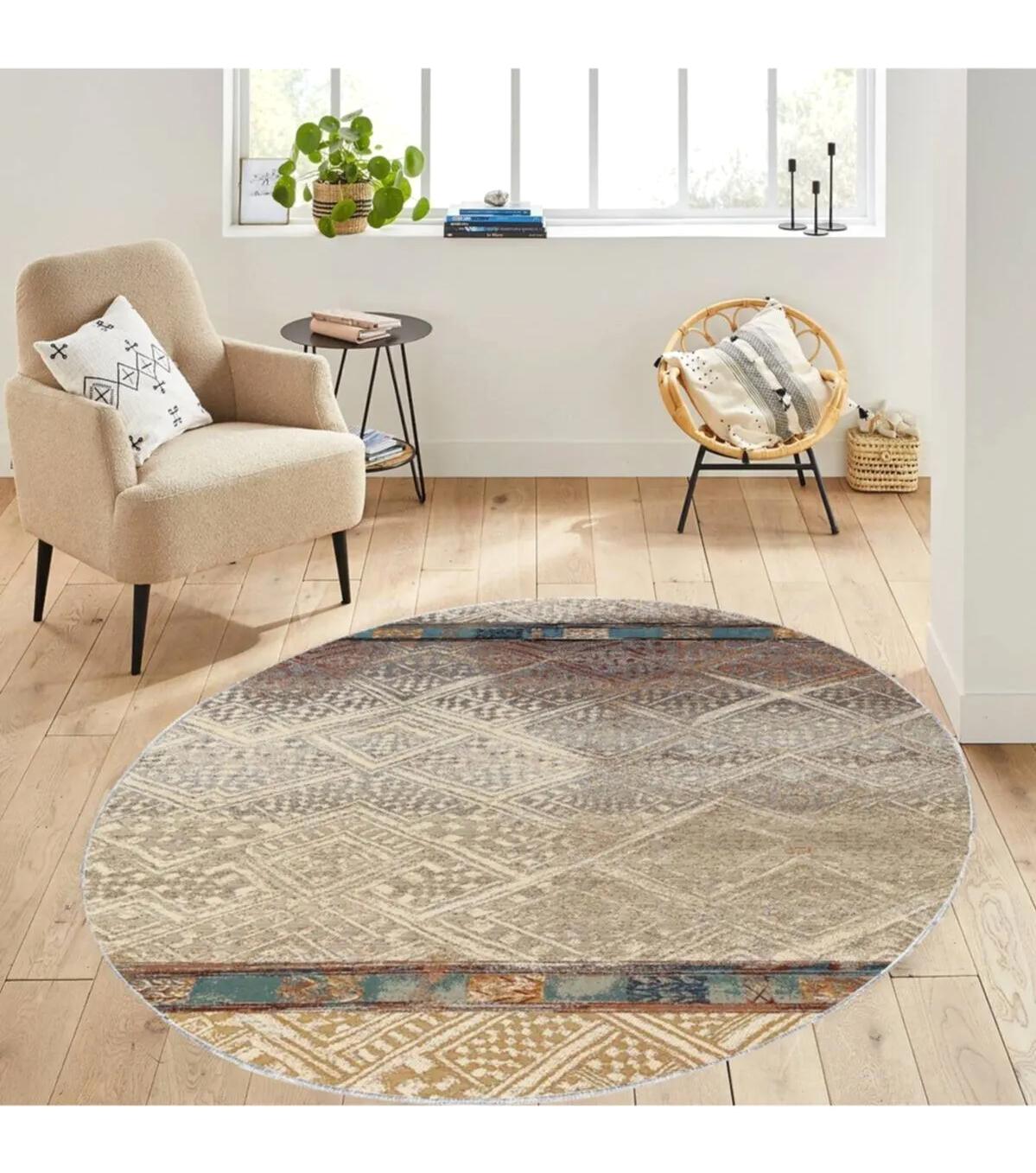 Rovigo Home RVG7102 Çok Renkli 8 mm Polyester Antibakteriyel-Leke Tutmaz-Toz Tutmaz Yıkanabilir İnce Kaymaz Dot Taban Yuvarlak Makine Dokuma Salon Halısı 160x230 cm
