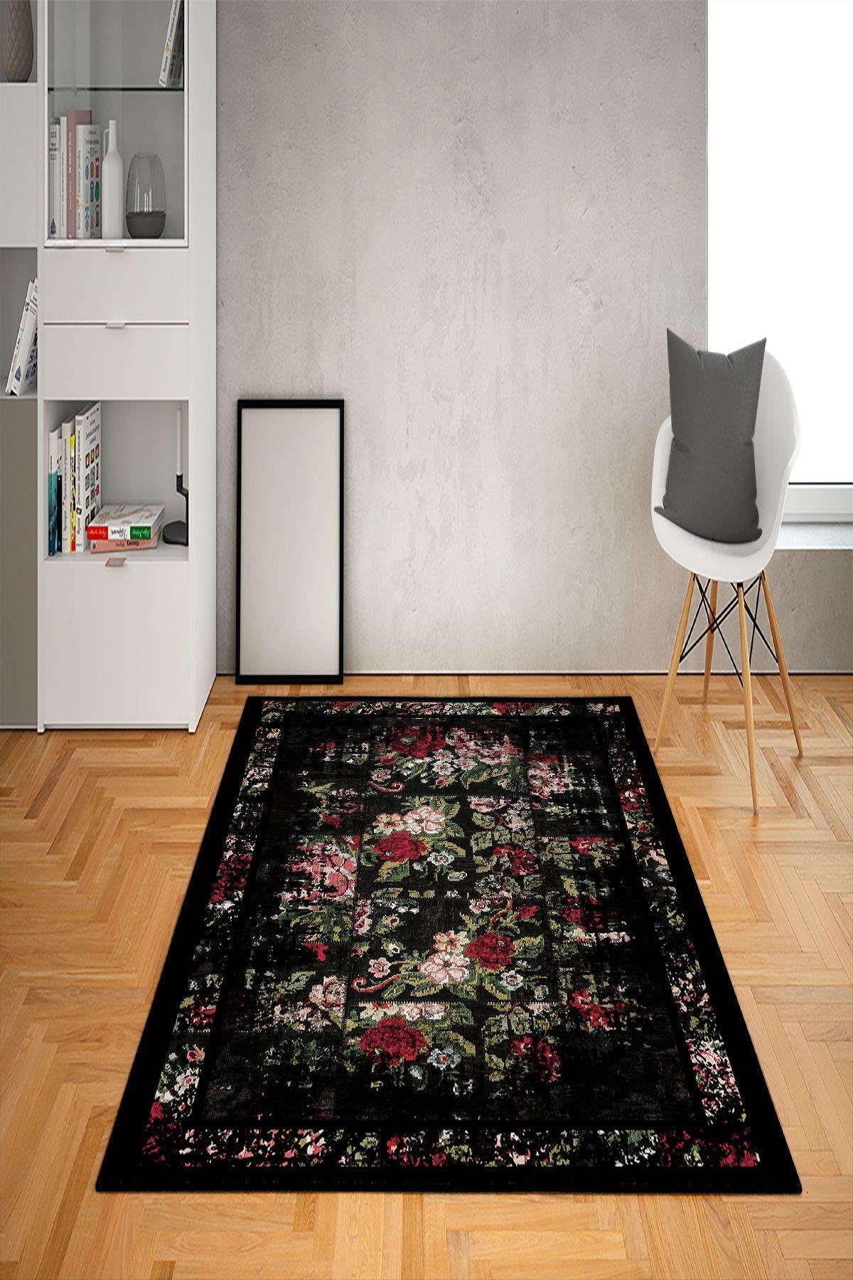 Doruklar Home Collection Krem 0.7 mm Polyester Antibakteriyel Yıkanabilir Kalın Kaymaz Taban Çiçek Desenli Dikdörtgen Makine Dokuma Salon Halısı 120x300 cm