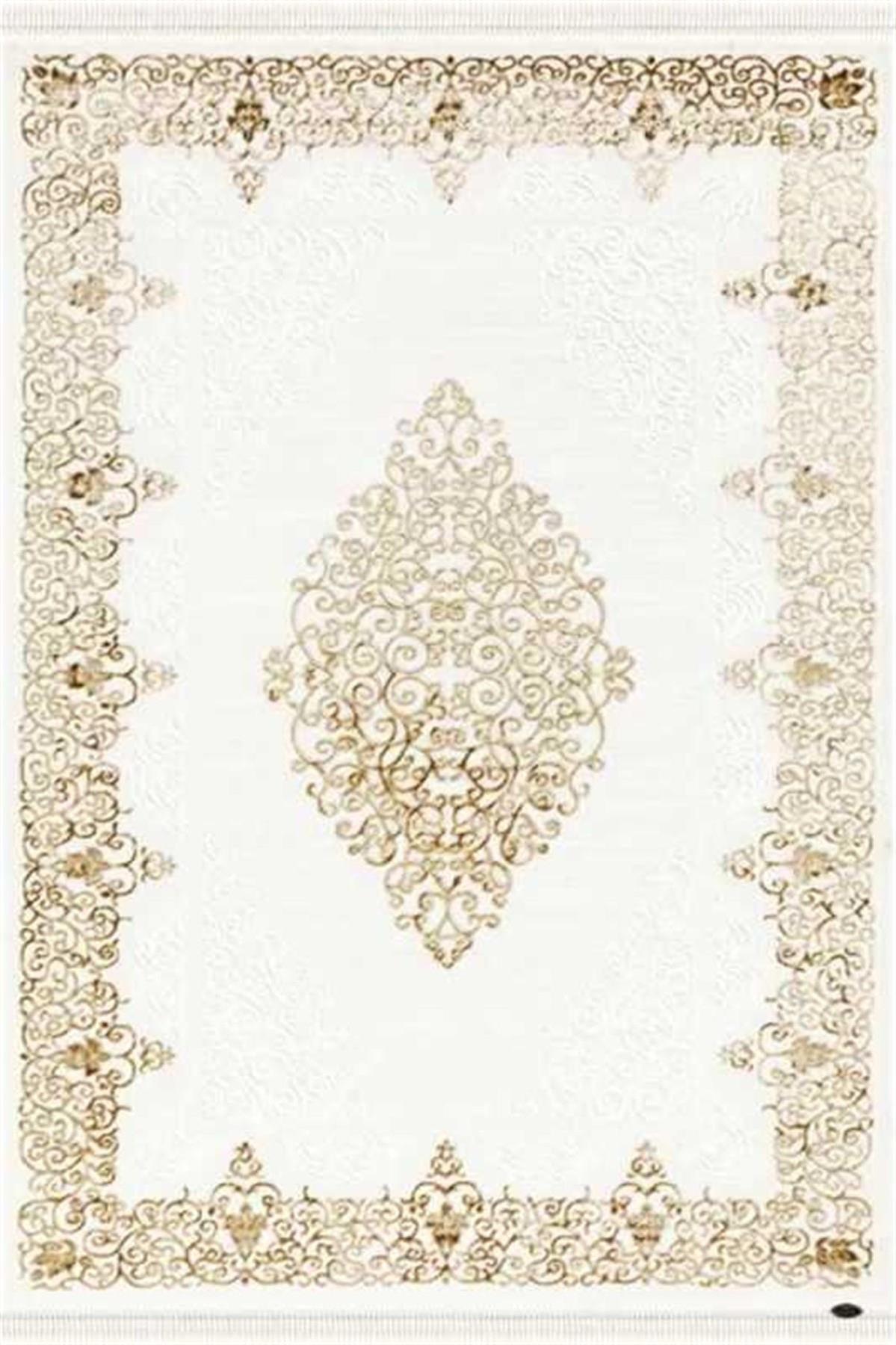 Dinarsu GD001 Altın - Krem 12 mm Akrilik Yıkanabilir Kalın Kaymaz Taban Yuvarlak Makine Dokuma Salon Halısı 160x230 cm