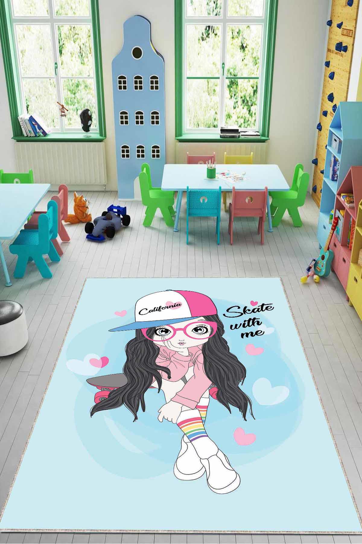 Viva Home KD116 Mavi 7 mm Mikropolyester Leke tutmaz Yıkanabilir İnce Kaymaz Dot Taban Dikdörtgen Makine Dokuma Çocuk Odası Halısı 140x200 cm