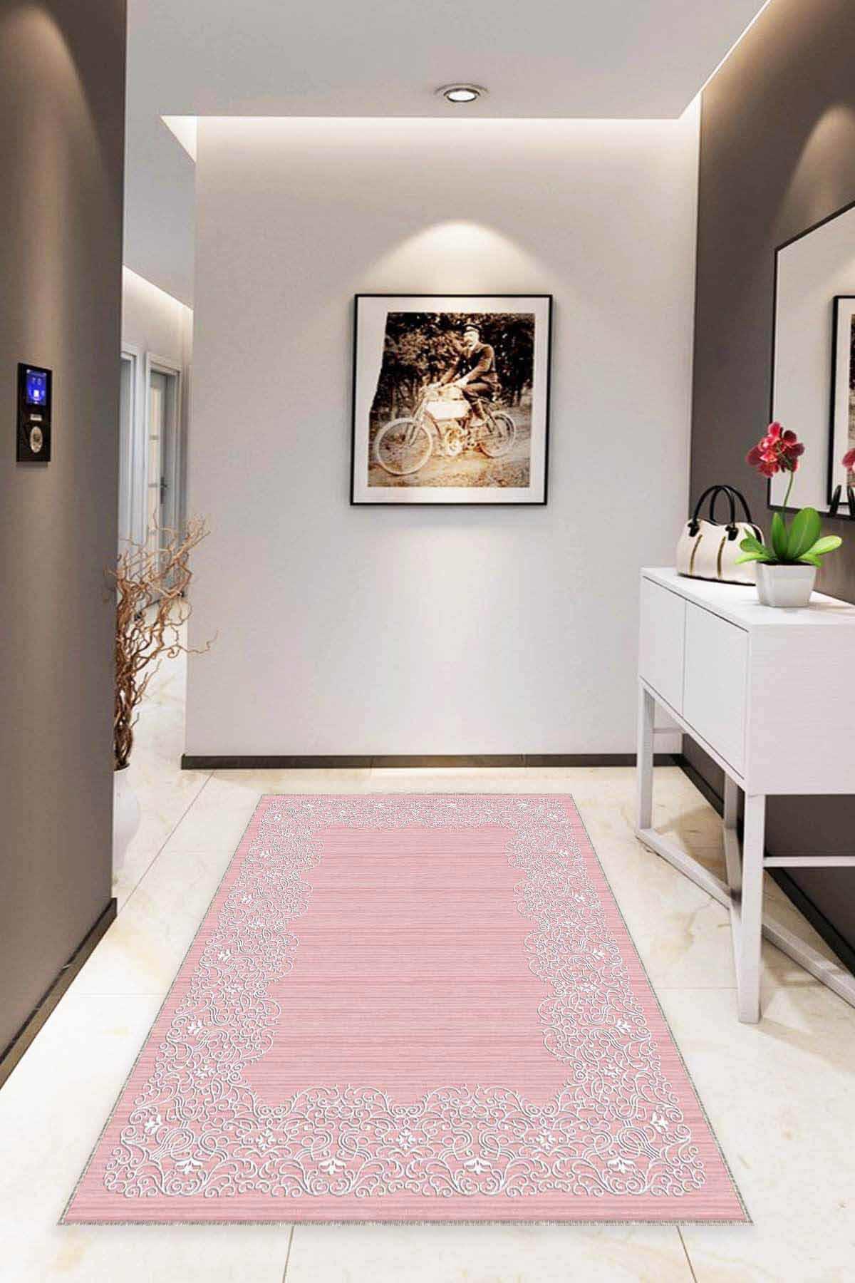 Viva Home MK54 Pembe 7 mm Mikropolyester Leke Tutmaz Yıkanabilir İnce Kaymaz Dot Taban Dikdörtgen Makine Dokuma Salon Halısı 80x150 cm