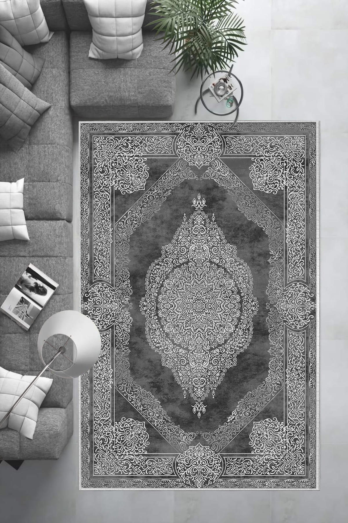 Aldora Antrasit 0.8 mm Polipropilen Yıkanabilir Orta Kaymaz Deri Taban Dikdörtgen Makine Dokuma Salon Halısı 40x60 cm