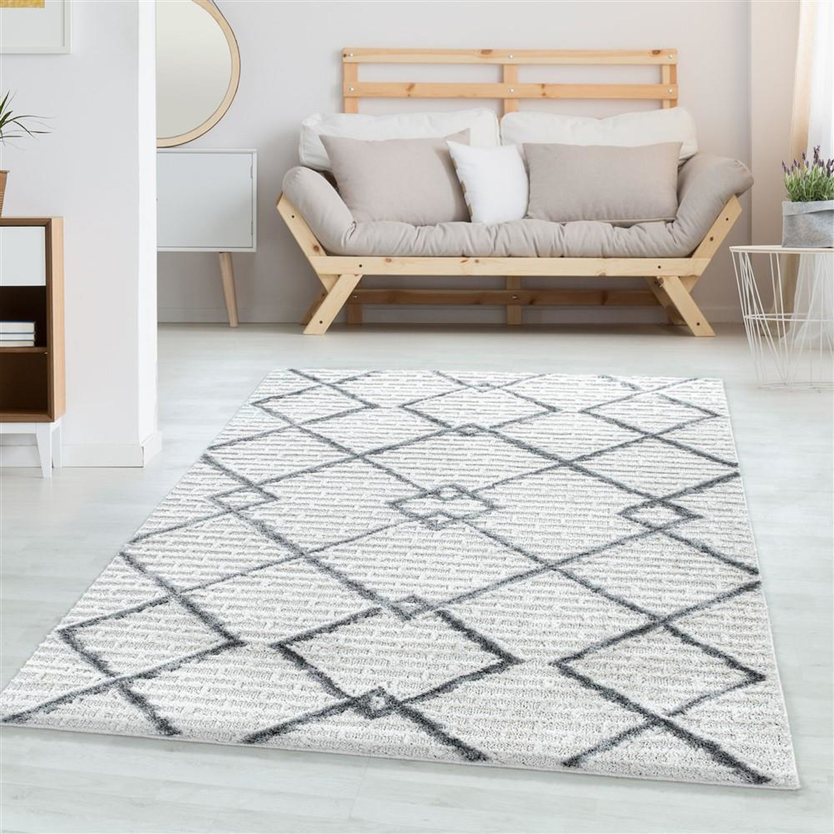 Carpettex Gri-Krem 10 mm Polipropilen Yıkanabilir Kalın Kaymaz Lateks Taban Dikdörtgen Makine Dokuma Salon Halısı 160x230 cm