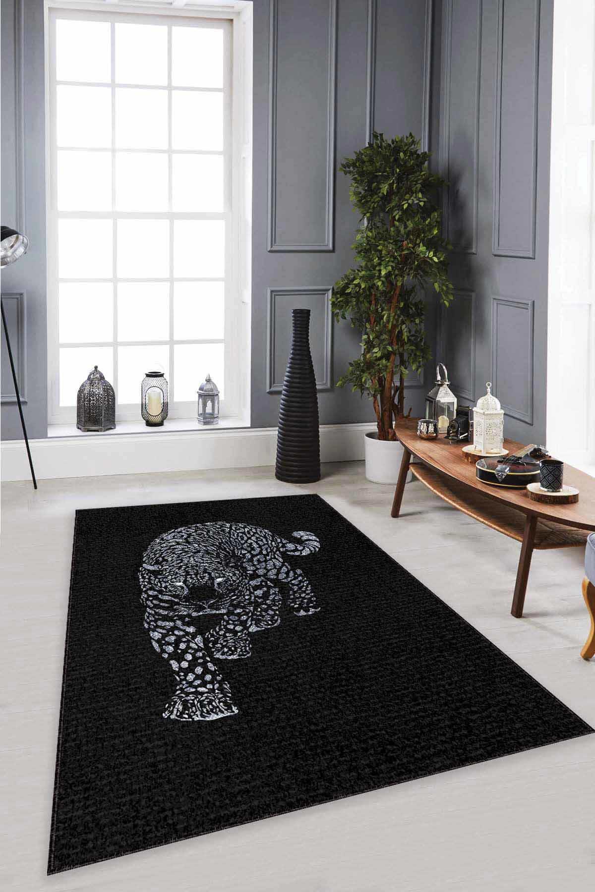 Viva Home RV366 Gri-Siyah 7 mm Mikropolyester Antibakteriyel Yıkanabilir Kalın Kaymaz Lateks Taban Dikdörtgen Makine Dokuma Salon Halısı 125x200 cm