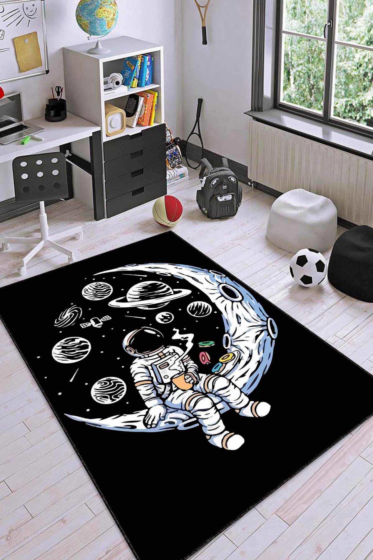 Viva Home AR1162 Siyah 7 mm Mikropolyester Antibakteriyel Yıkanabilir İnce Kaymaz Lateks Taban Dikdörtgen Makine Dokuma Çocuk Odası Halısı 100x200 cm