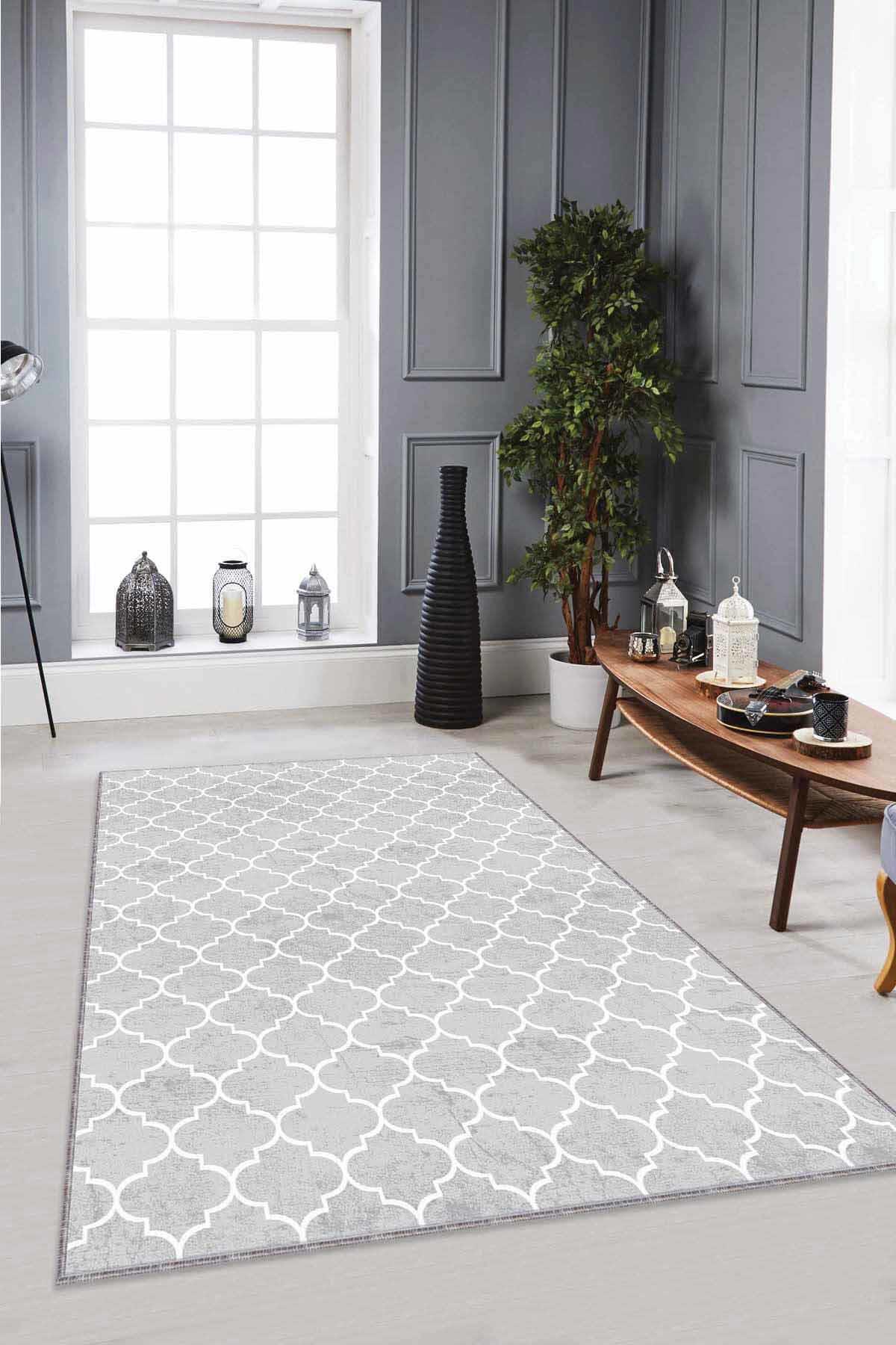 Viva Home RV156 Gri 7 mm Mikropolyester Toz Tutmaz Yıkanabilir İnce Kaymaz Dot Taban Geometrik Dikdörtgen Makine Dokuma Salon Halısı 80x140 cm