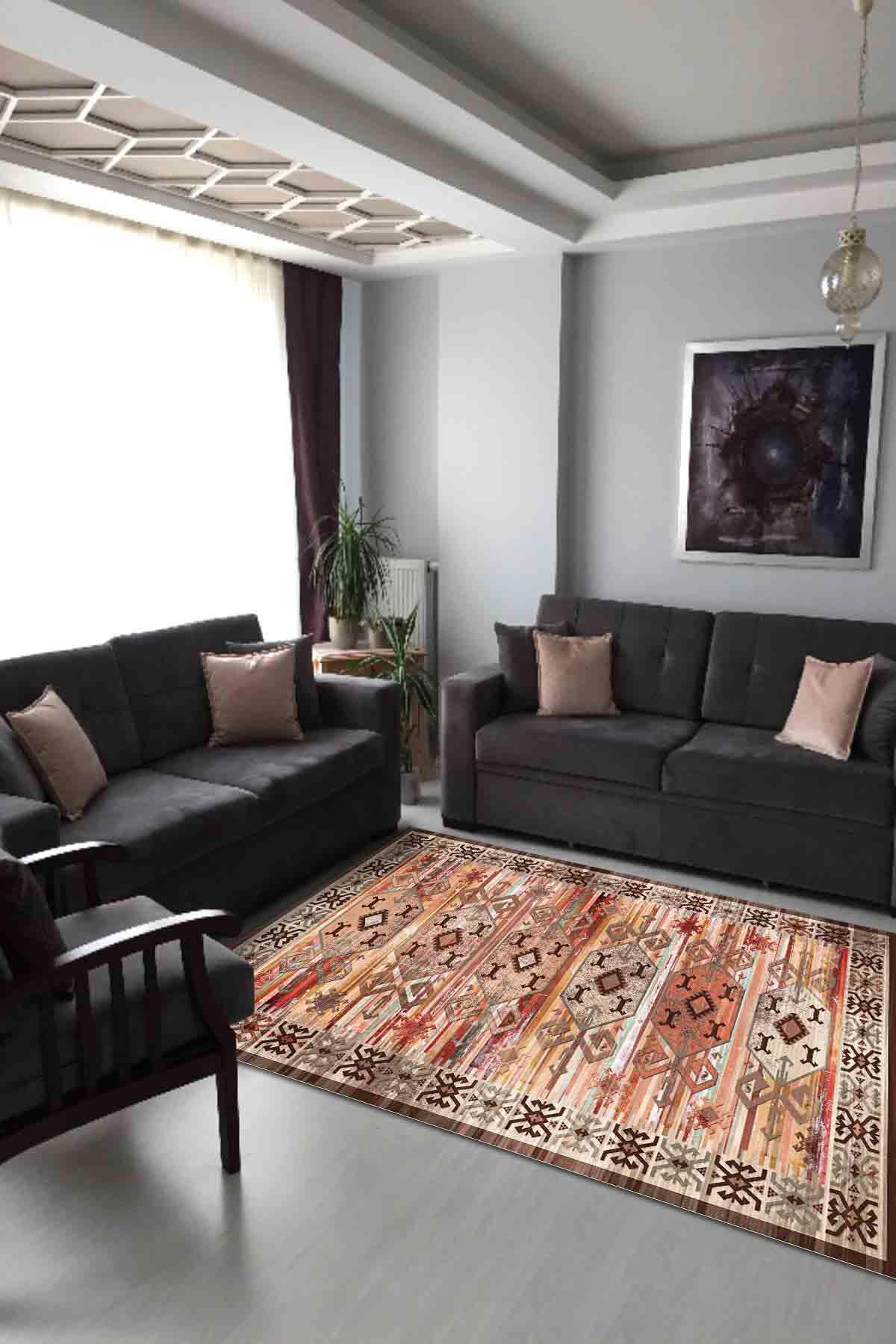 Latte Dizayn Ravli Krem 0.5 mm Pamuk Antibakteriyel Yıkanabilir İnce Kaymaz Lateks Taban Dikdörtgen Makine Dokuma Salon Halısı 180x300 cm