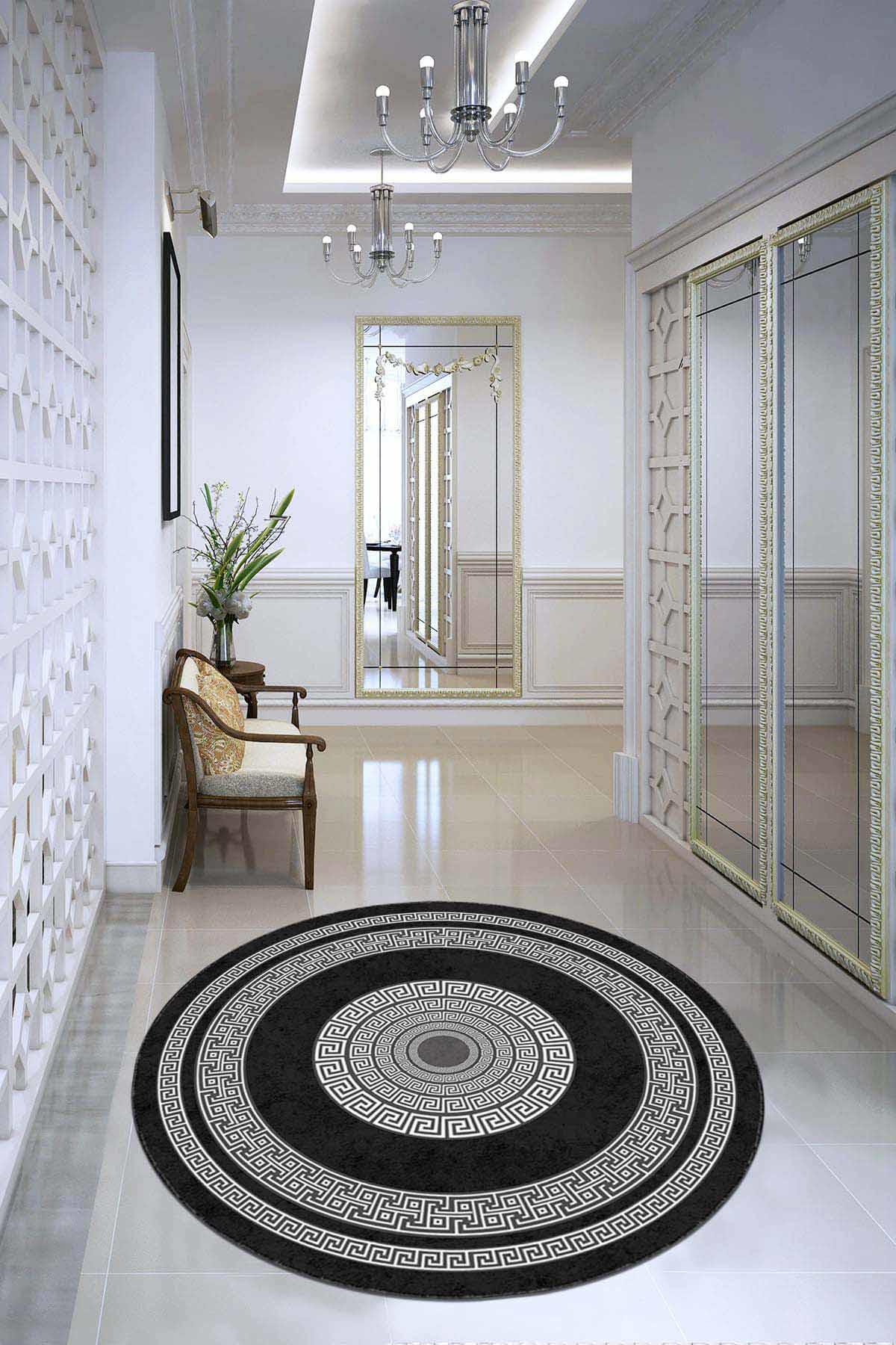 Viva Home AR928 Siyah 7 mm Mikropolyester Antibakteriyel Yıkanabilir Kalın Kaymaz Lateks Taban Yuvarlak Makine Dokuma Salon Halısı 100x200 cm