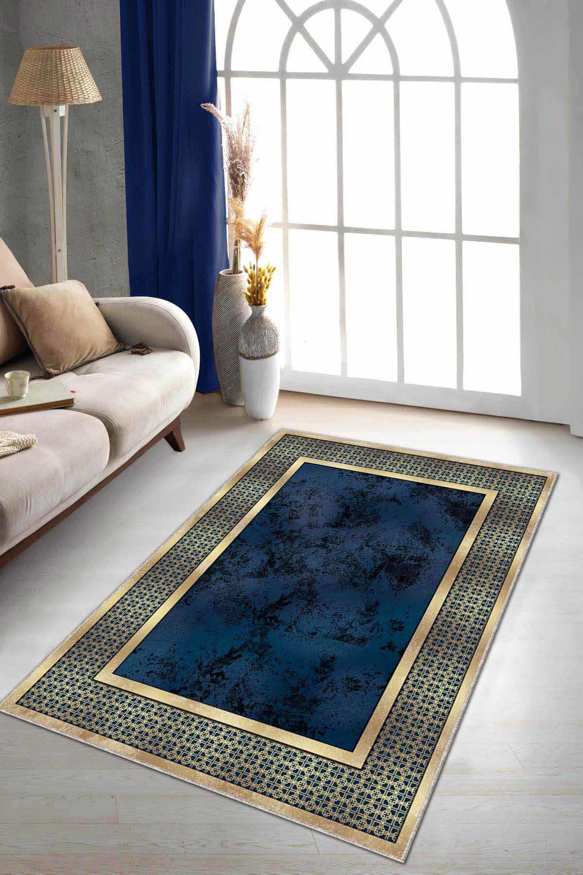 Viva Home AR718 Lacivert 7 mm Mikropolyester Leke tutmaz Yıkanabilir İnce Kaymaz Dikdörtgen Makine Dokuma Salon Halısı 100x150 cm
