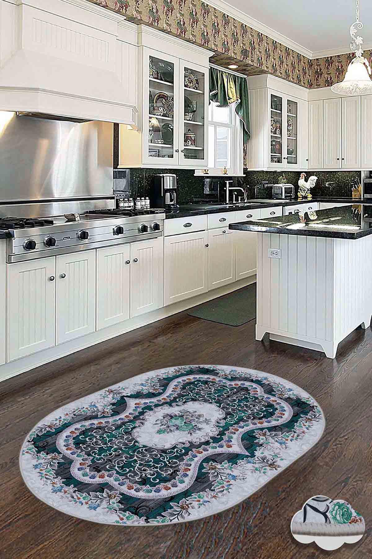 Homefesto Krem 5 mm Polyester Leke Tutmaz Yıkanabilir İnce Kaymaz Taban Çiçek Desenli Yuvarlak Makine Dokuma Salon Halısı 140x200 cm