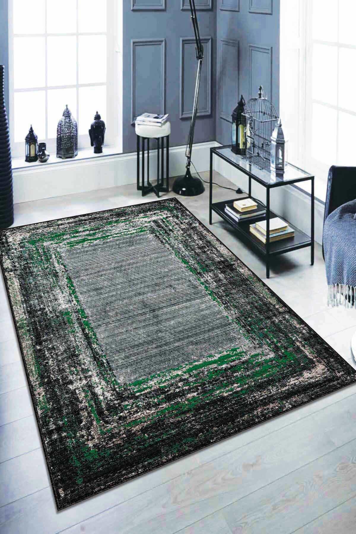 Viva Home AR125 Yeşil 7 mm Mikropolyester Yalıtıma Yardımcı Yıkanabilir İnce Kaymaz Taban Dikdörtgen Makine Dokuma Antre-Salon-Yatak Odası Halısı 40x60 cm