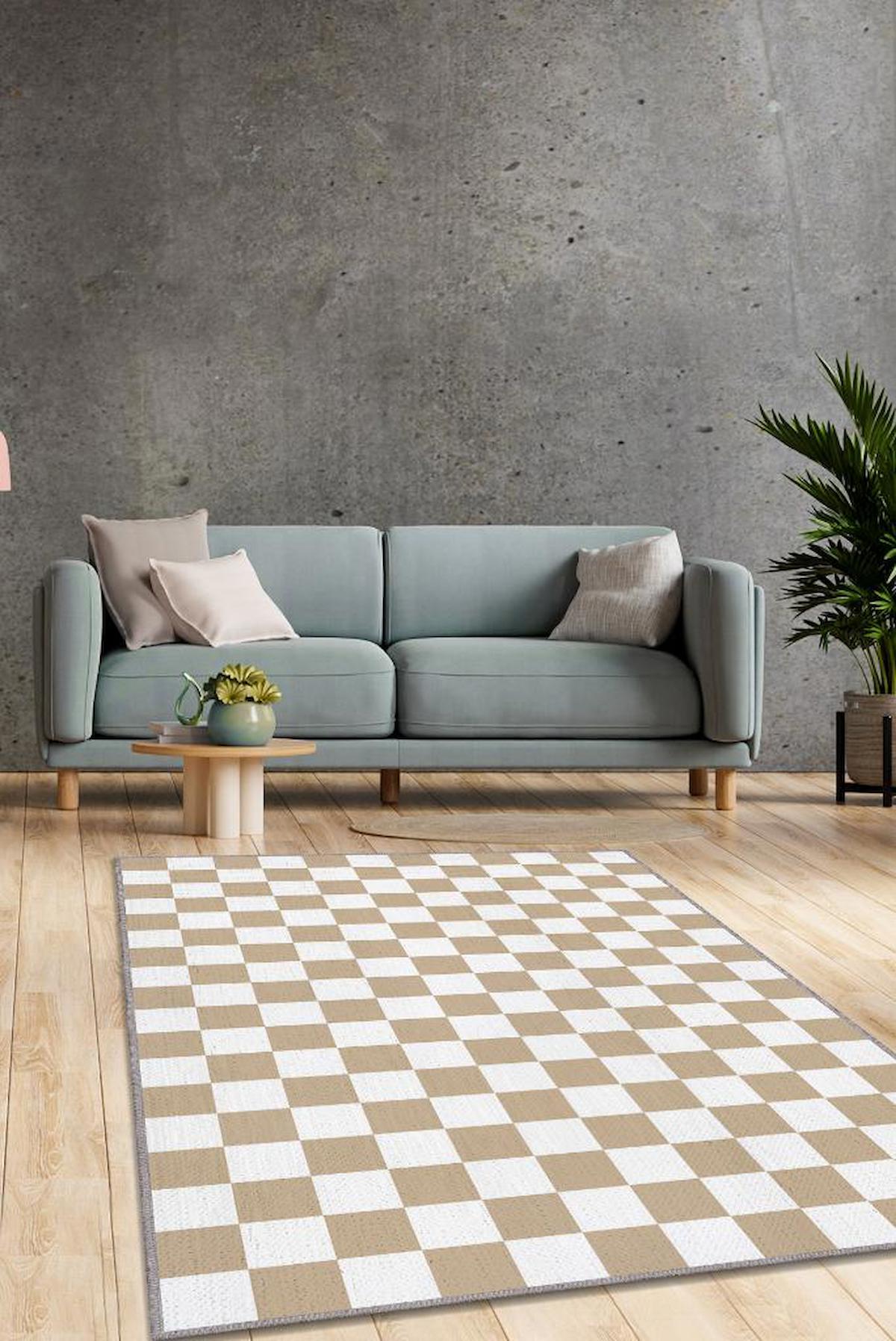 Homshtag Bej 4 mm Pamuk Antistatik Yıkanabilir İnce Kaymaz Dikdörtgen Makine Dokuma Salon Halısı 160x300 cm