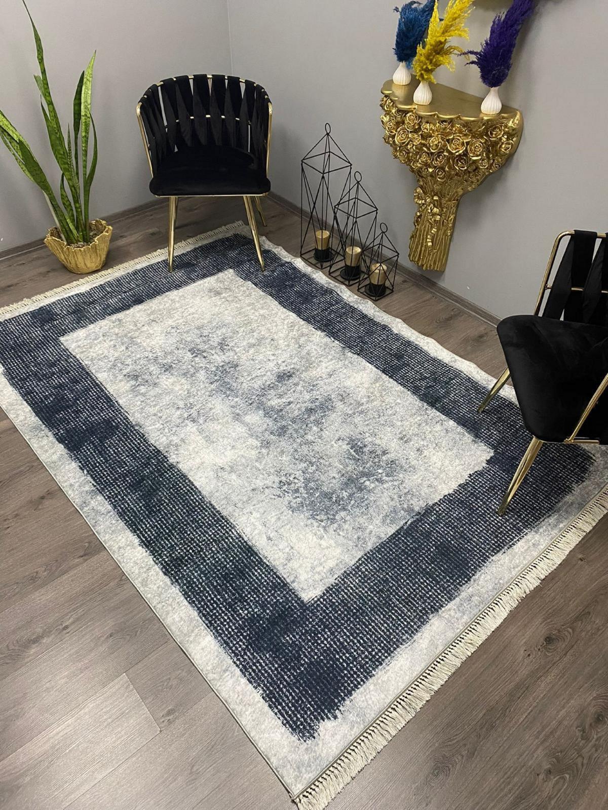 Halı Furyası Krem - Mavi 12 mm Polyester Yıkanabilir Kalın Kaymaz Deri Taban Dikdörtgen Makine Dokuma Salon Halısı 120x200 cm