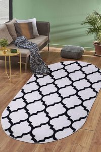 Dijidekor Maça Beyaz 6 mm Polyester Yıkanabilir Orta Kaymaz Dot Taban Oval Makine Dokuma Salon Halısı 120x180 cm